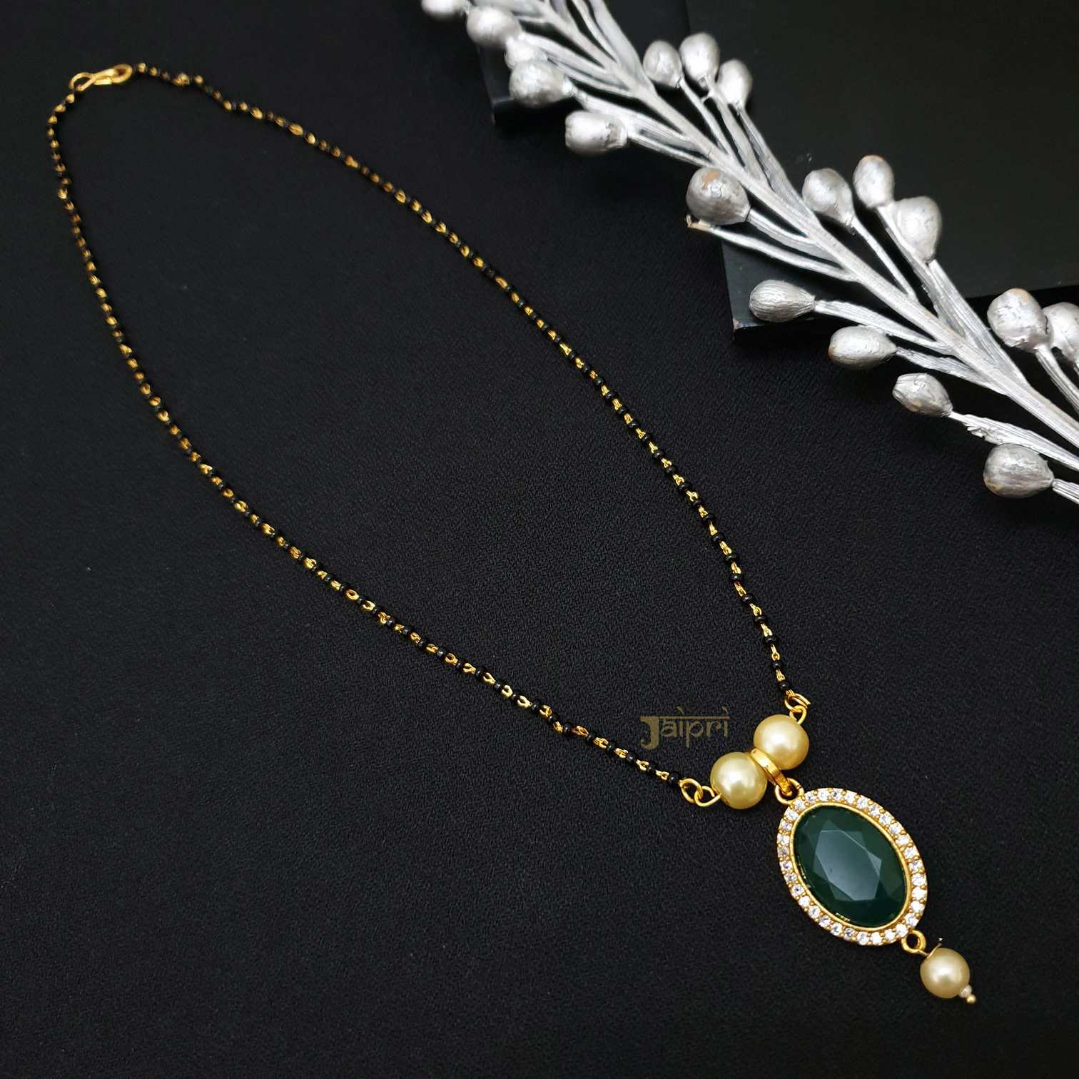 Green & Pearl Stone Oval Shape Mangalsutra