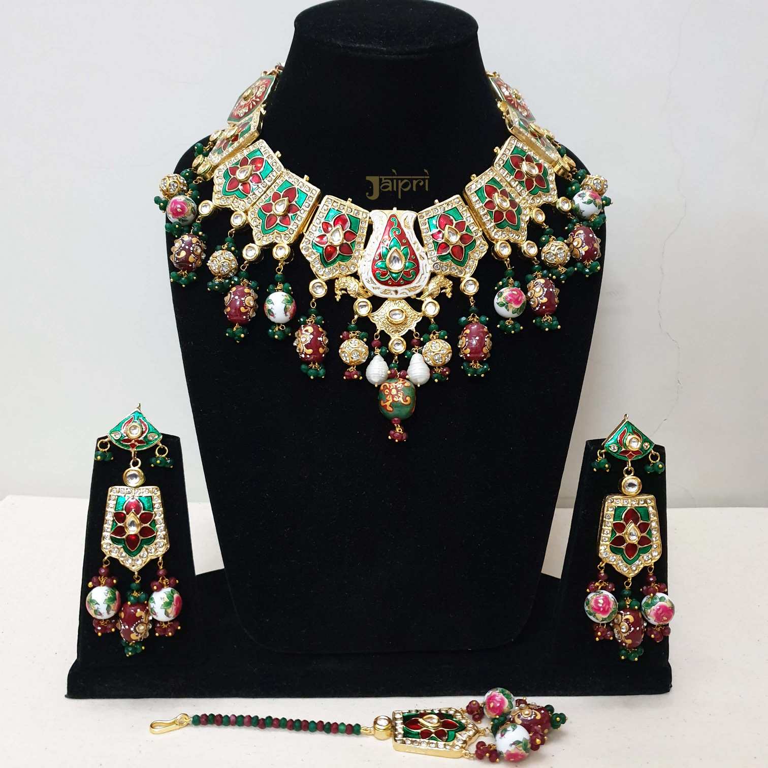 Red & Green Meenakari Statement Choker & Maang Tikka With Earrings