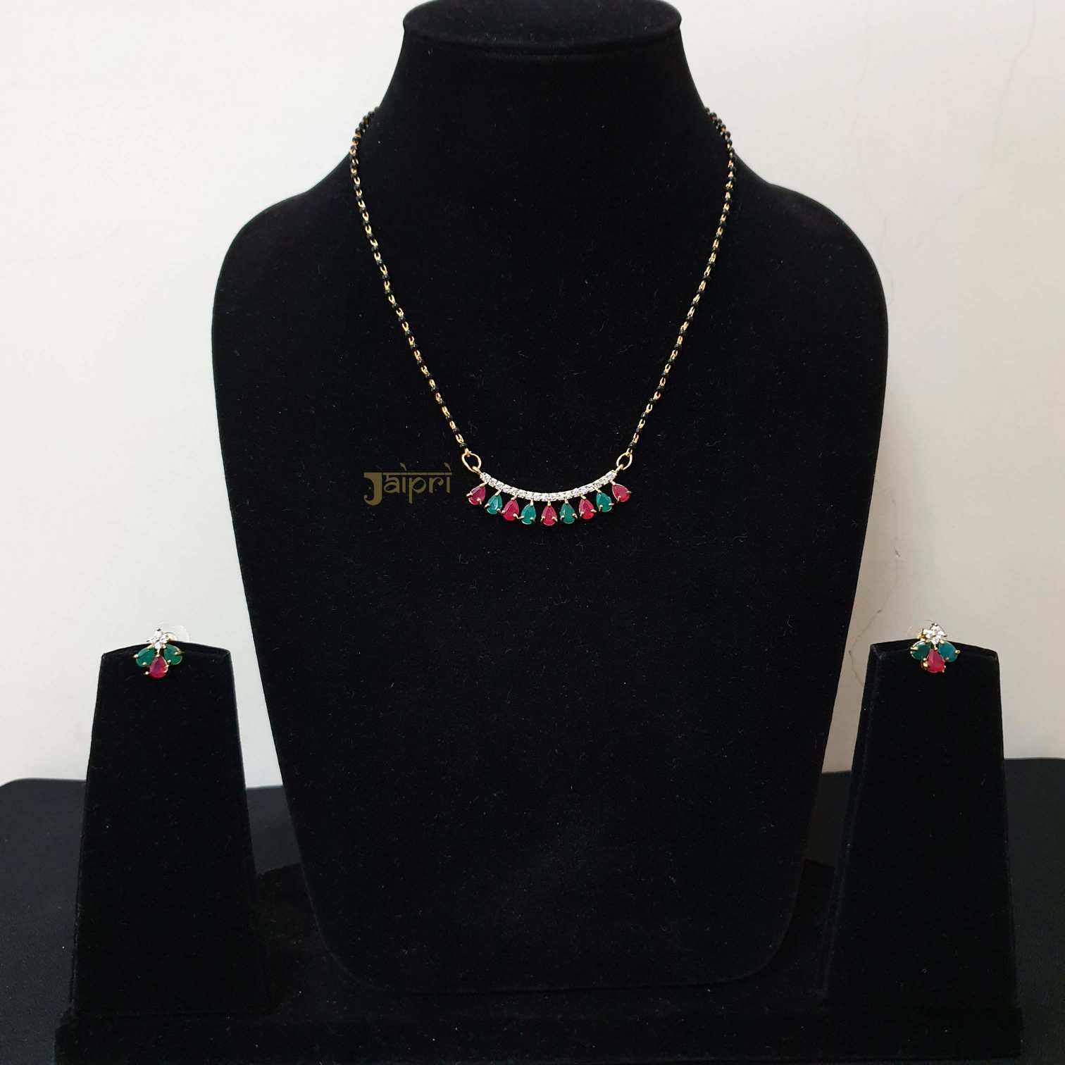 Red Green AD Stone Tear-Drop Mangalsutra With Earrings