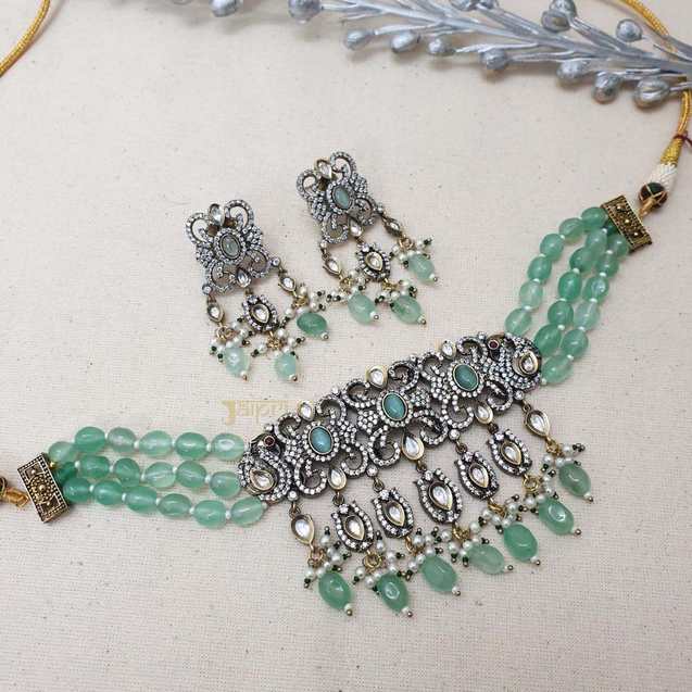 Mint Green American Diamond Choker Necklace With Earrings