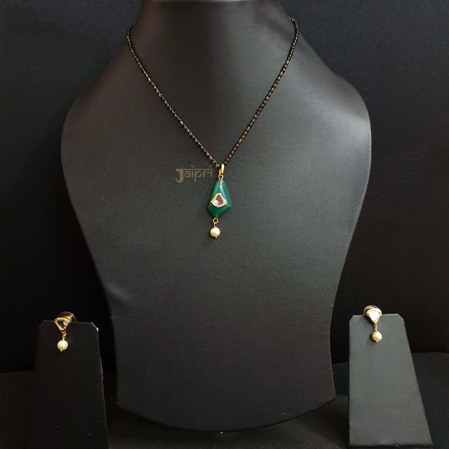 Green Stone 22k Gold Plated Mangalsutra With Earrings