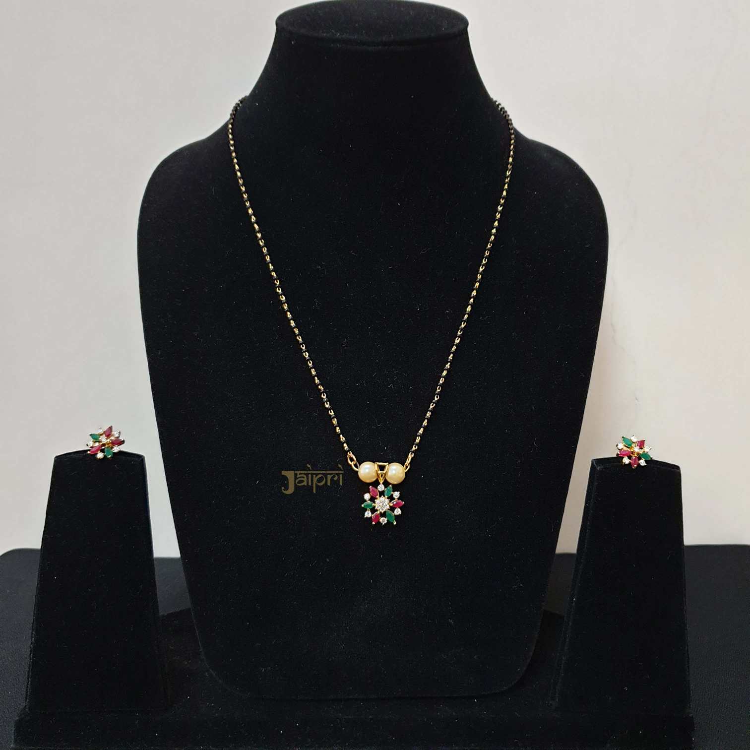 Ruby Green With Pearl Floral Mangalsutra With Earrings
