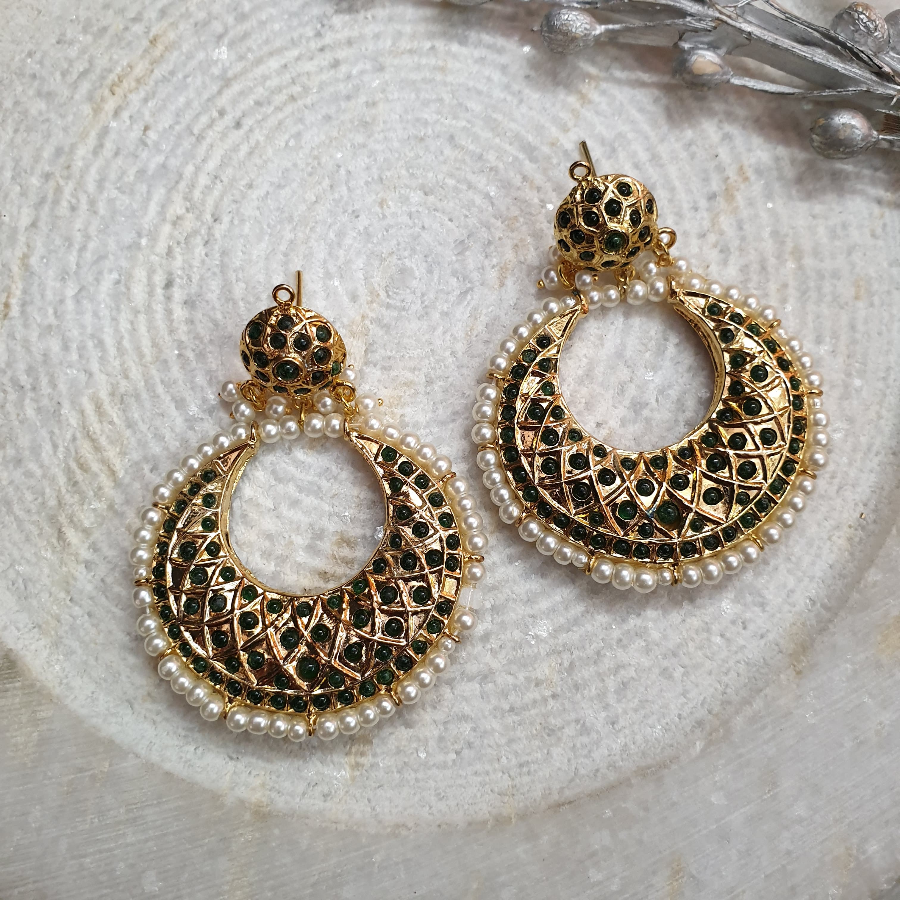 Green Stone Jadau Chandbali Earrings