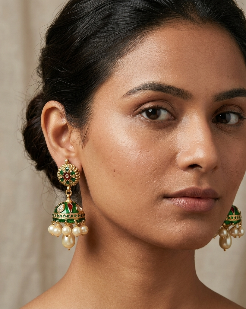 Green Red Meenakari Jhumka Earrings