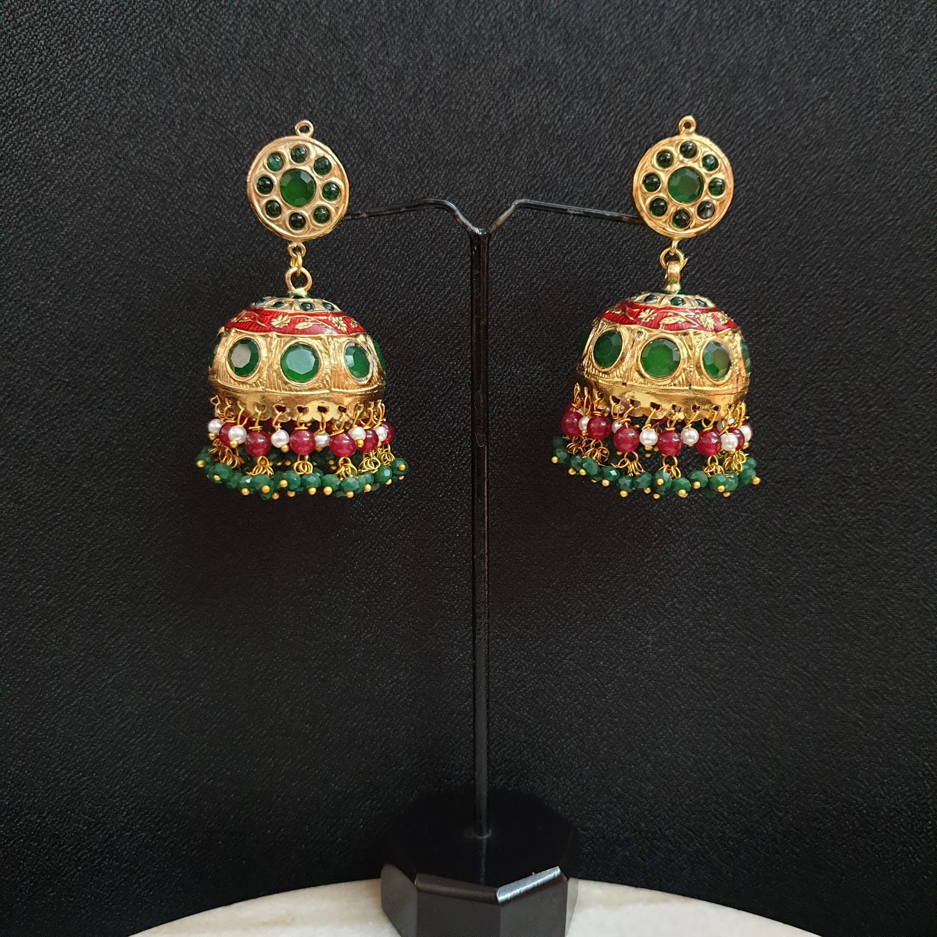 Green Stone Jadau Jhumki Earrings