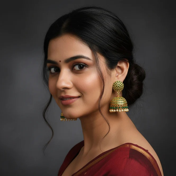 Green Stone Gold Jhumki Design Earrings