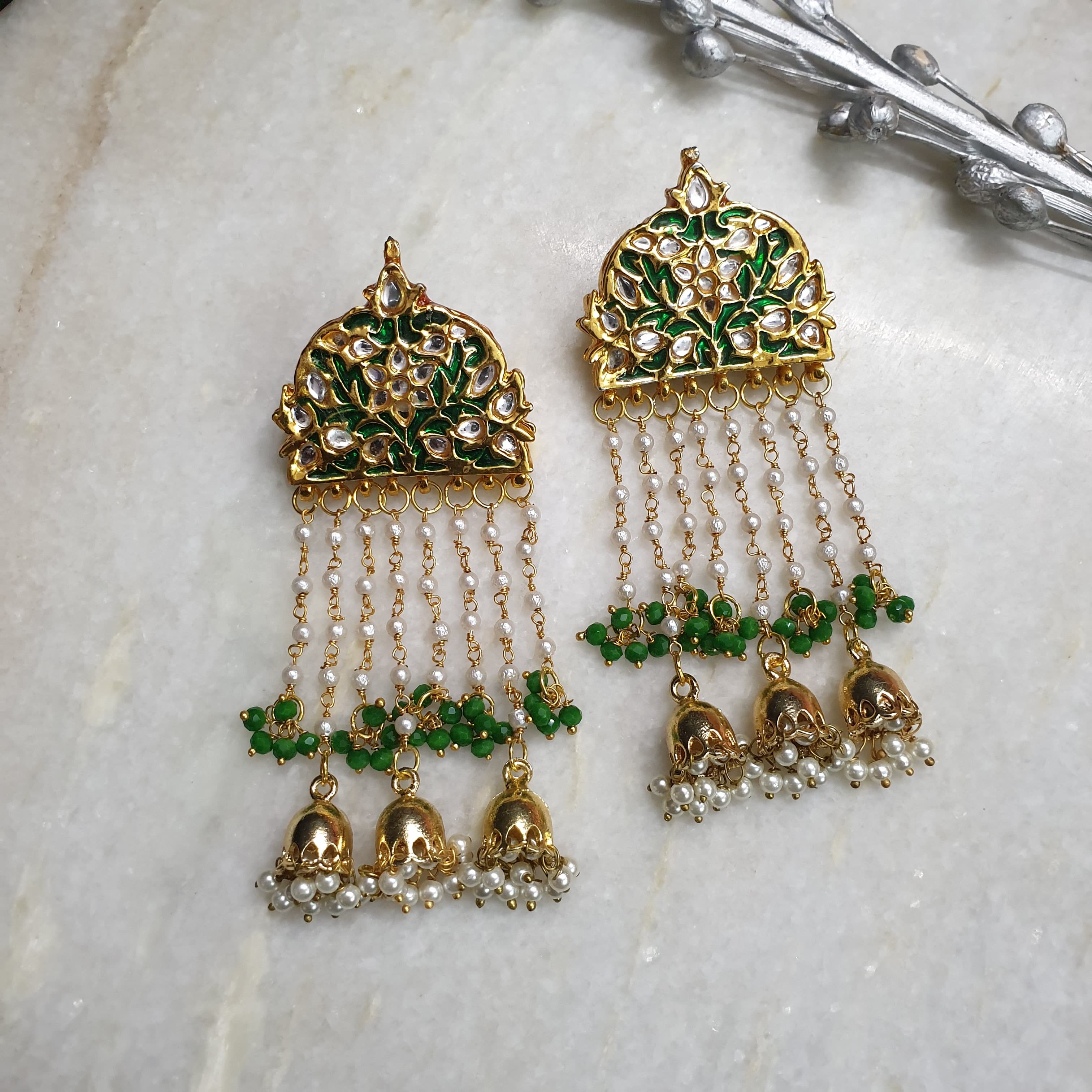 Gold Tone Green Meenakari Long Earrings