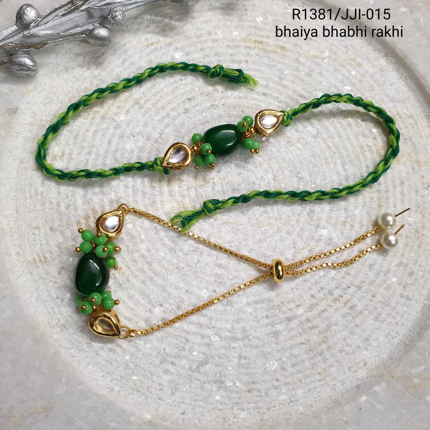 Green Kundan Rakhi For Bhaiya Bhabhi For Rakshabandhan