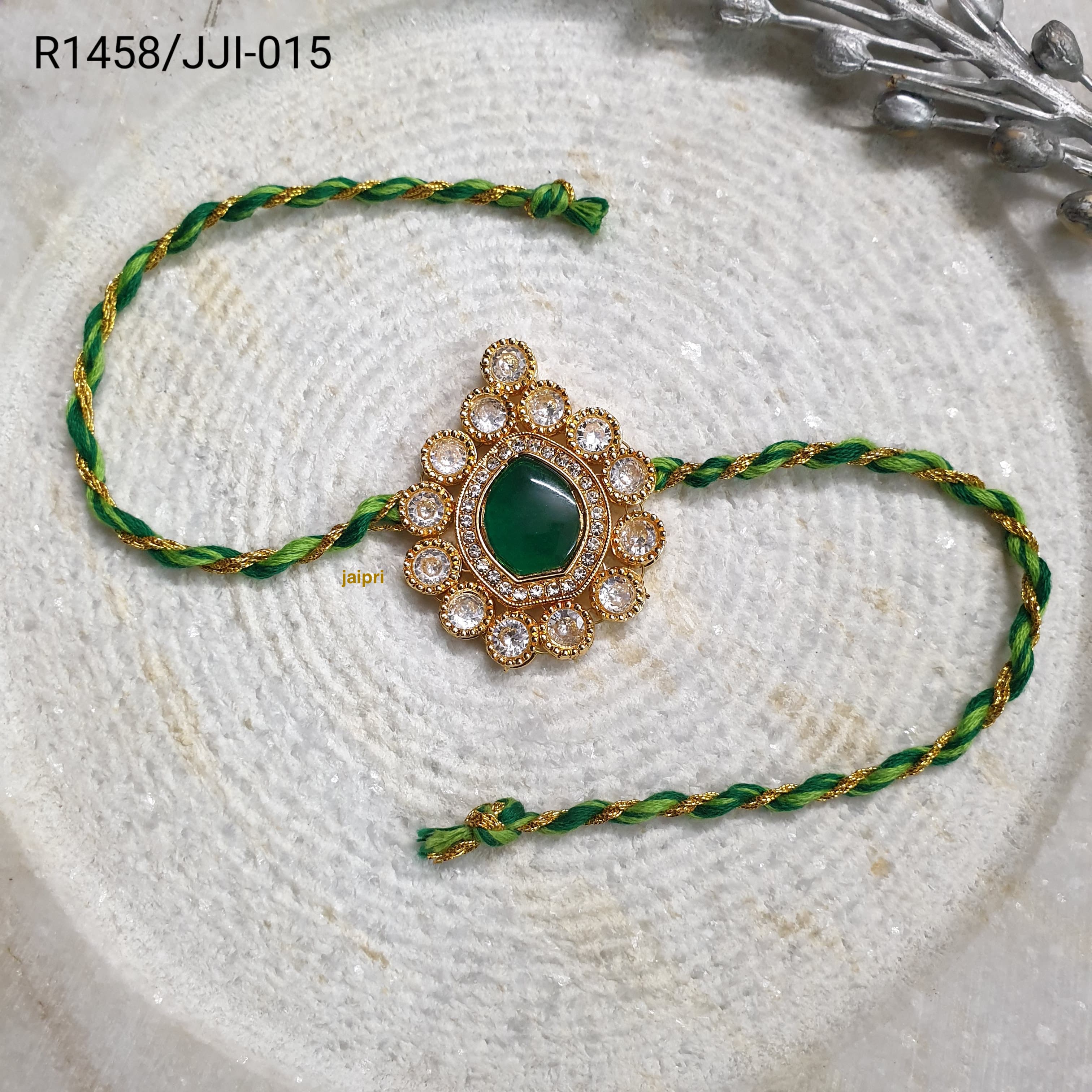 Green Kundan Stone Rakhi For Brother