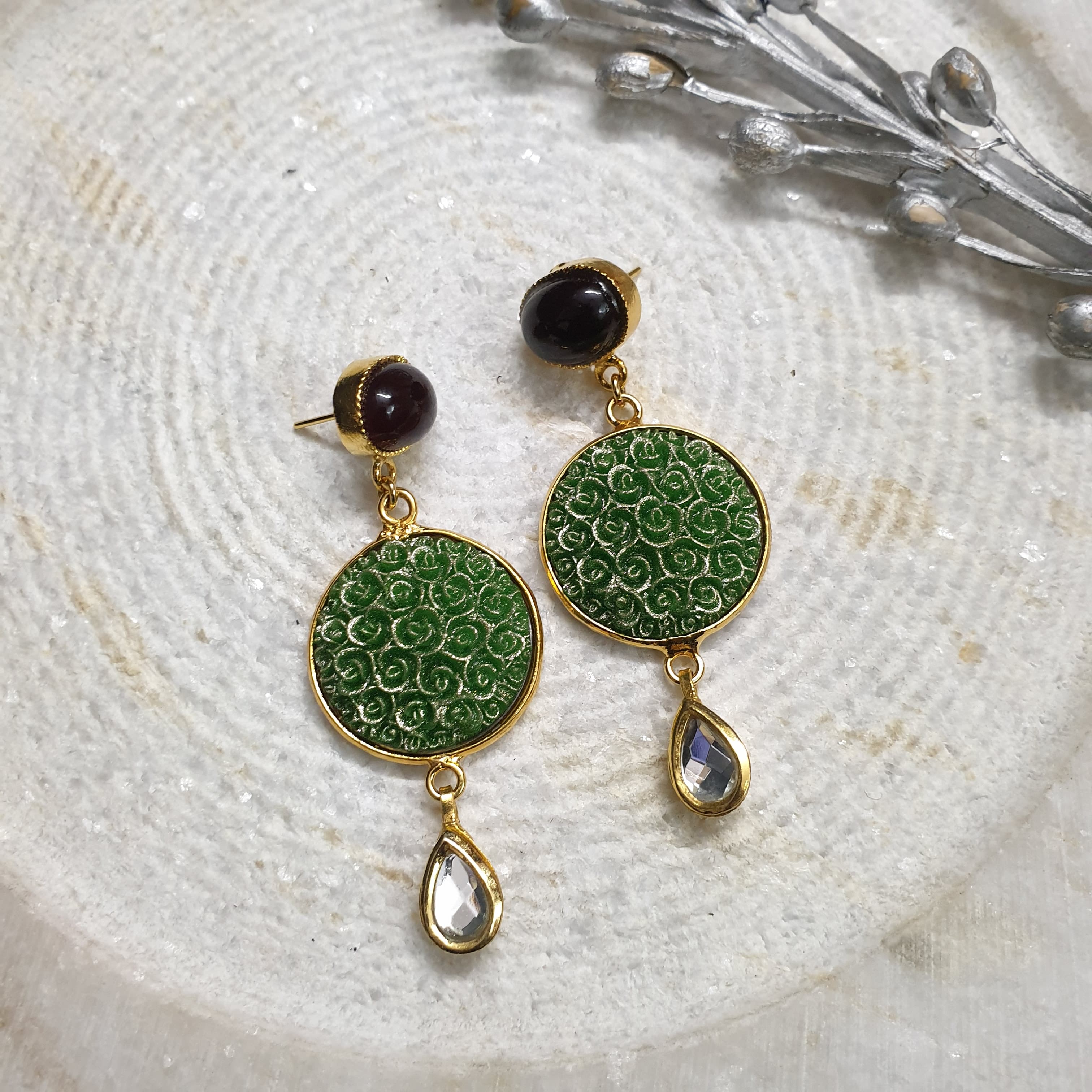 22k Gold Plated Green Floral Kundan Earrings
