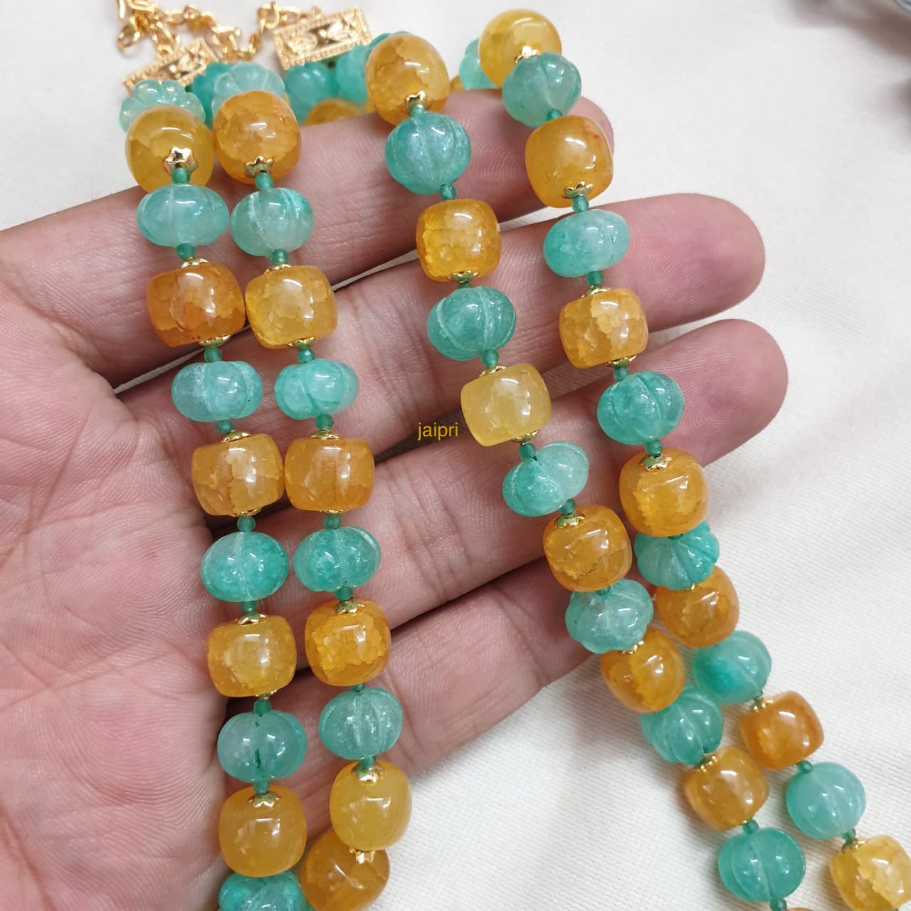 Yellow Green Pumpkin Beads Layered Mala