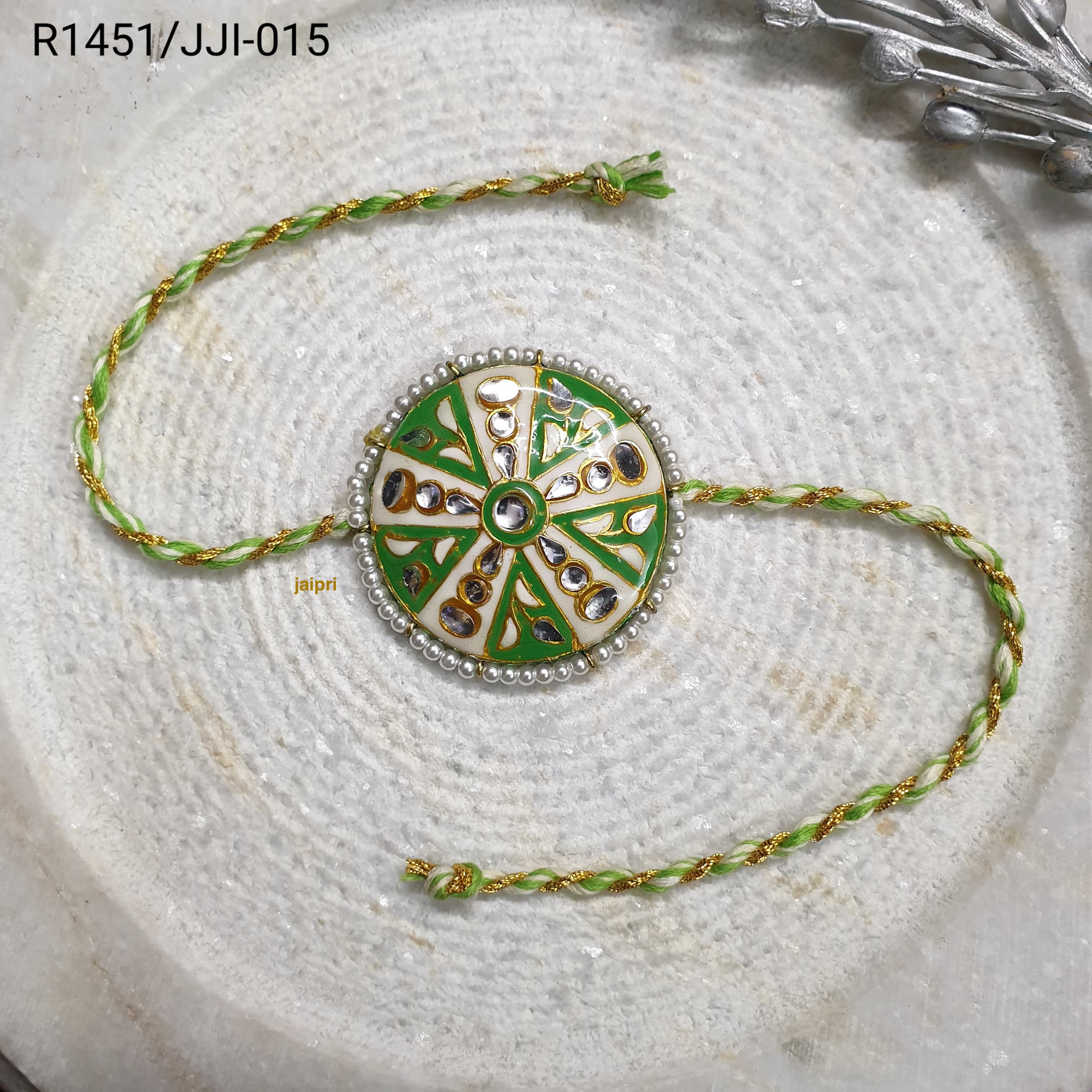 Green Round Kundan Meena Rakhi