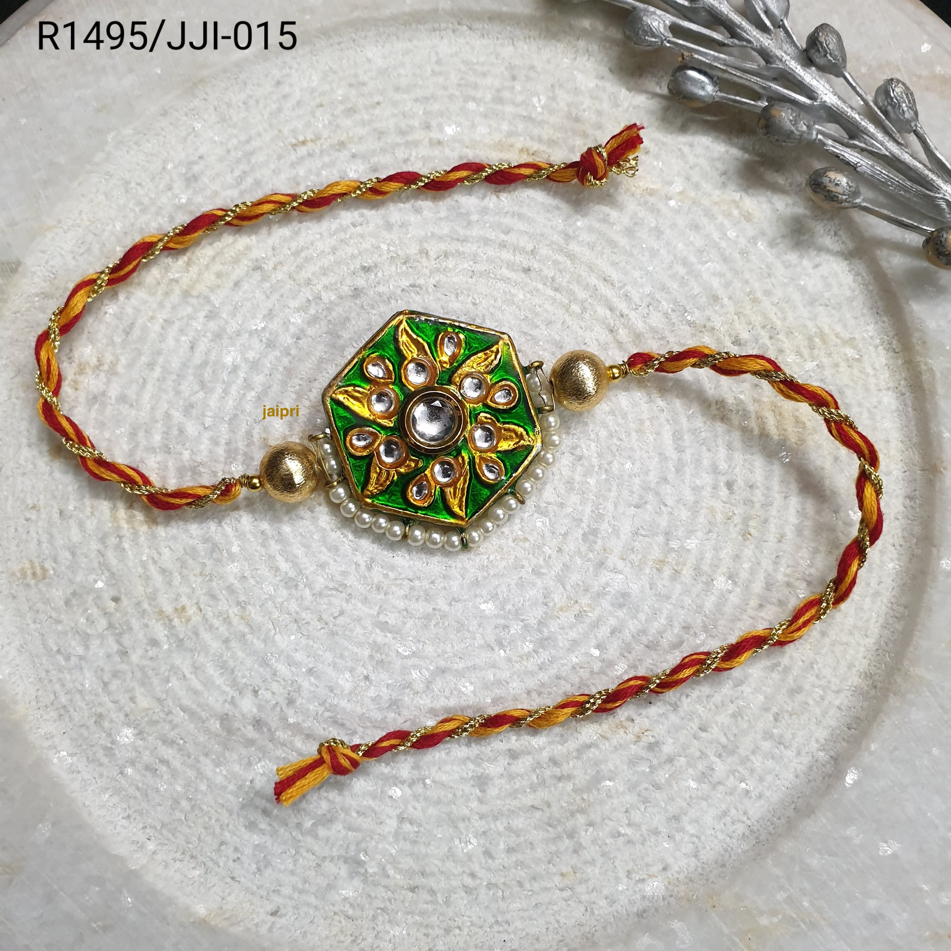 Green Kundan Meena Rakhi For Brother