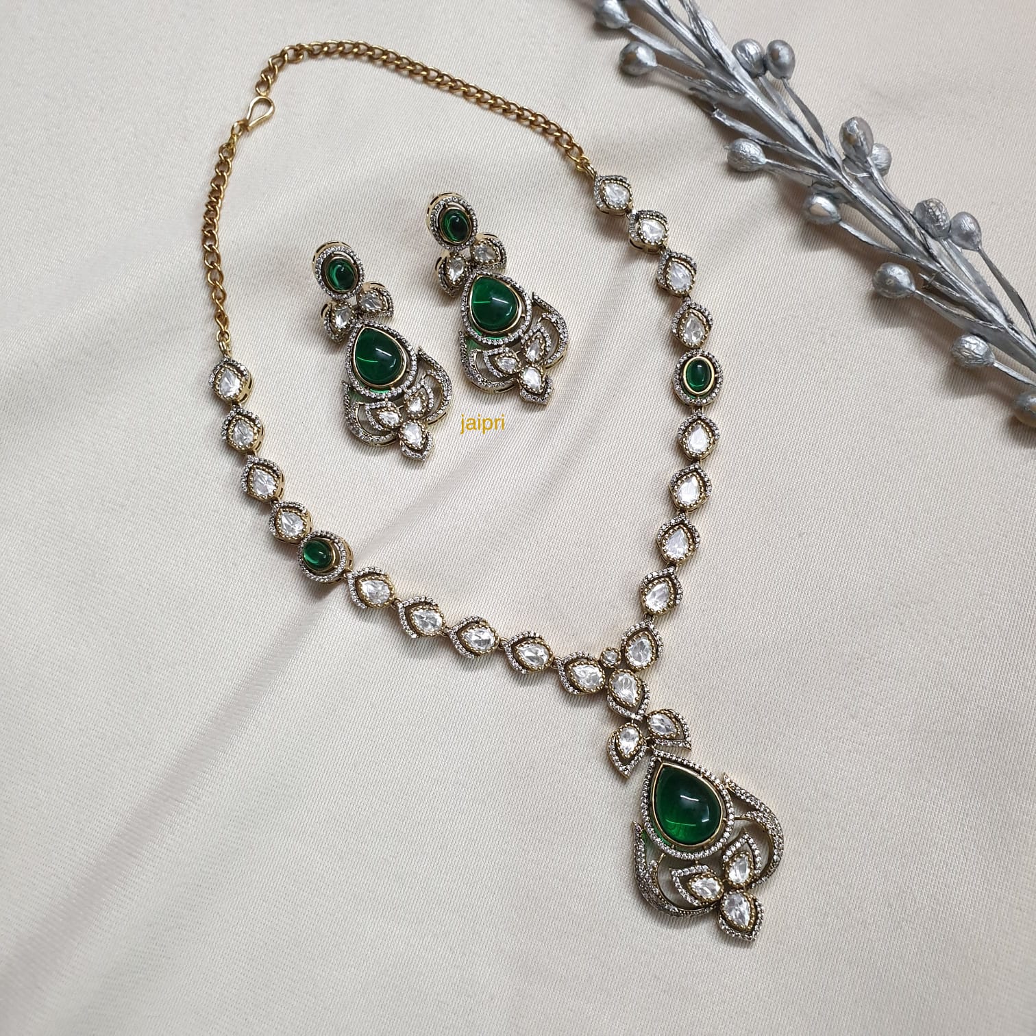 Green Moissanite Kundan Premium Delicate Necklace With Earrings