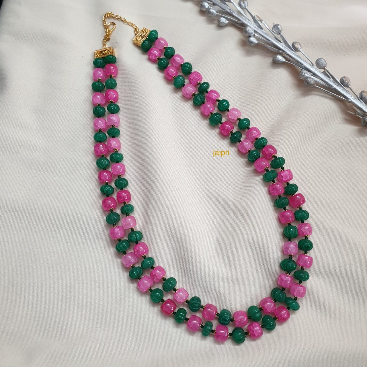 Pink Green Pumpkin Beads Layered Mala