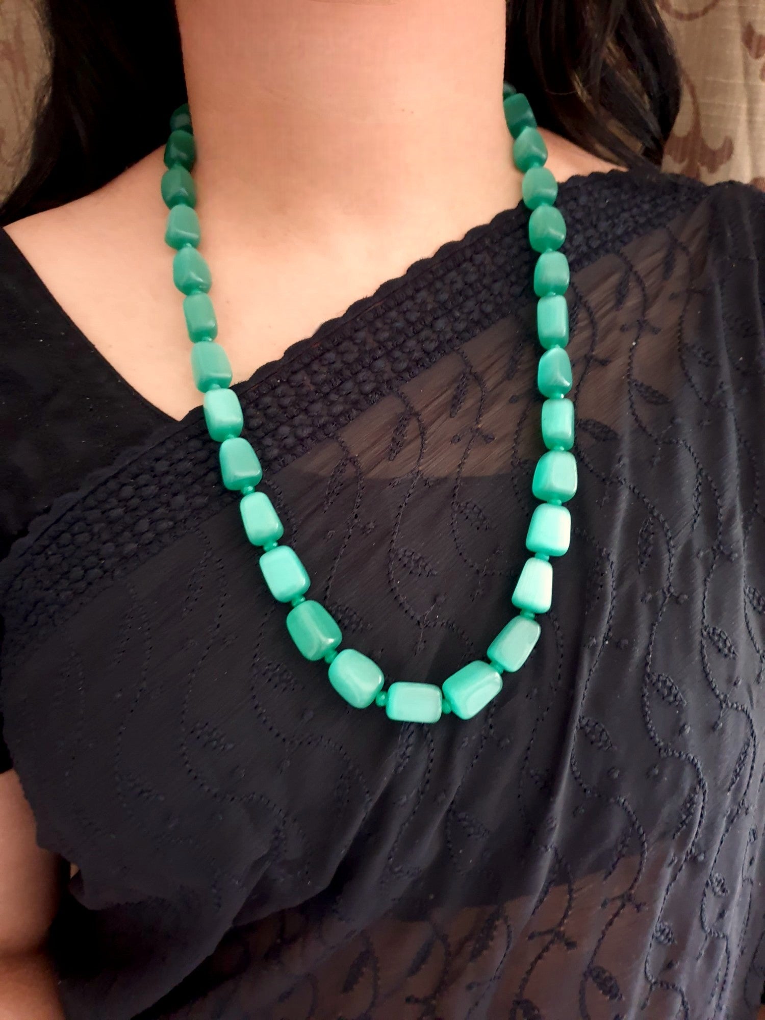 Teal Green Stone Single Layered Beaded Long Mala