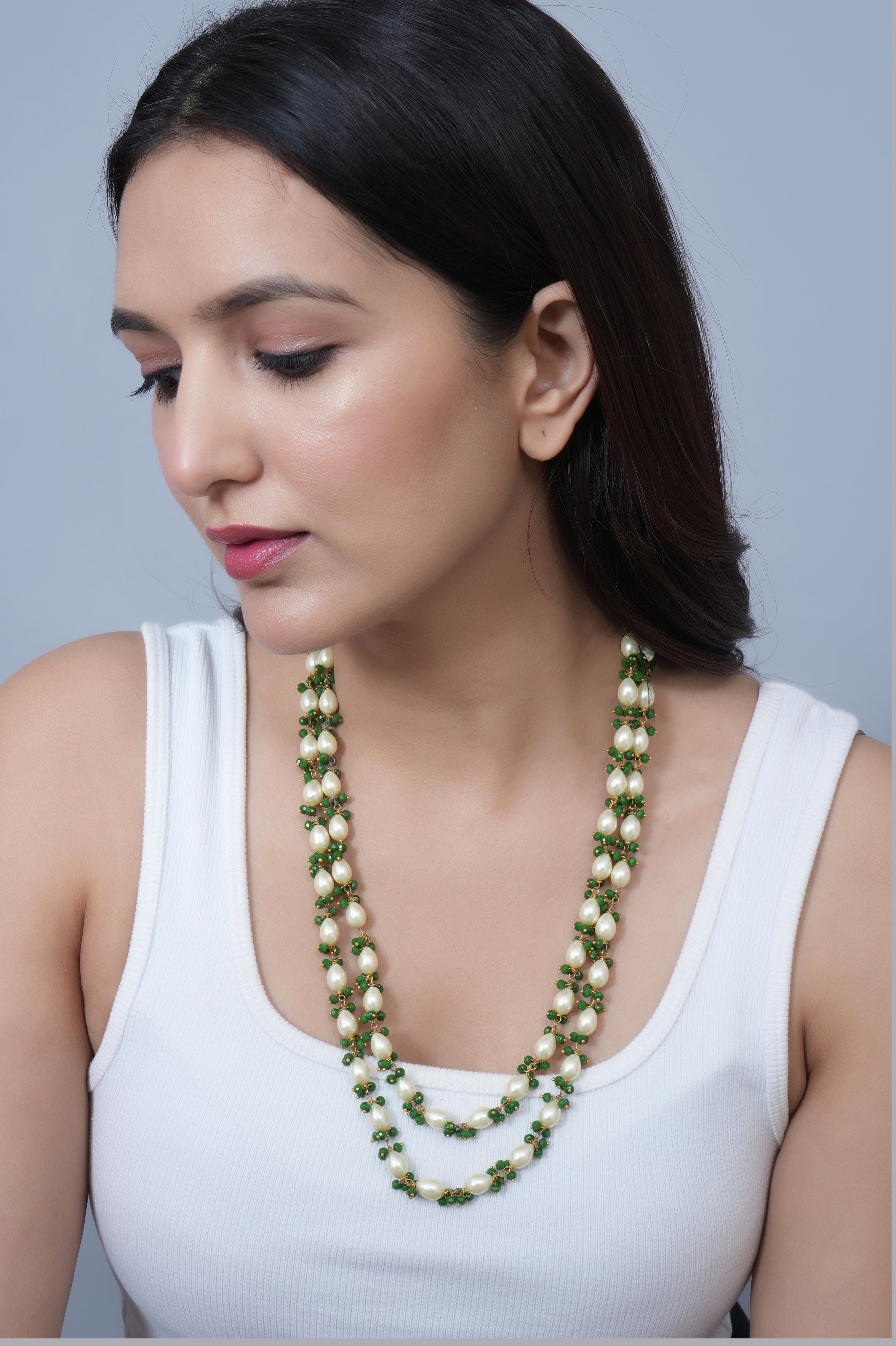 Pearl Drops and Green Beaded Necklace