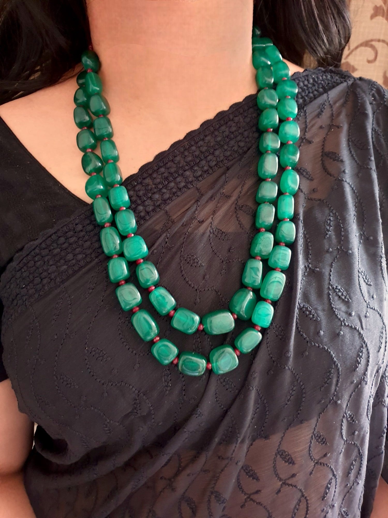 Emerald Green Color Bead Two Layered Necklace