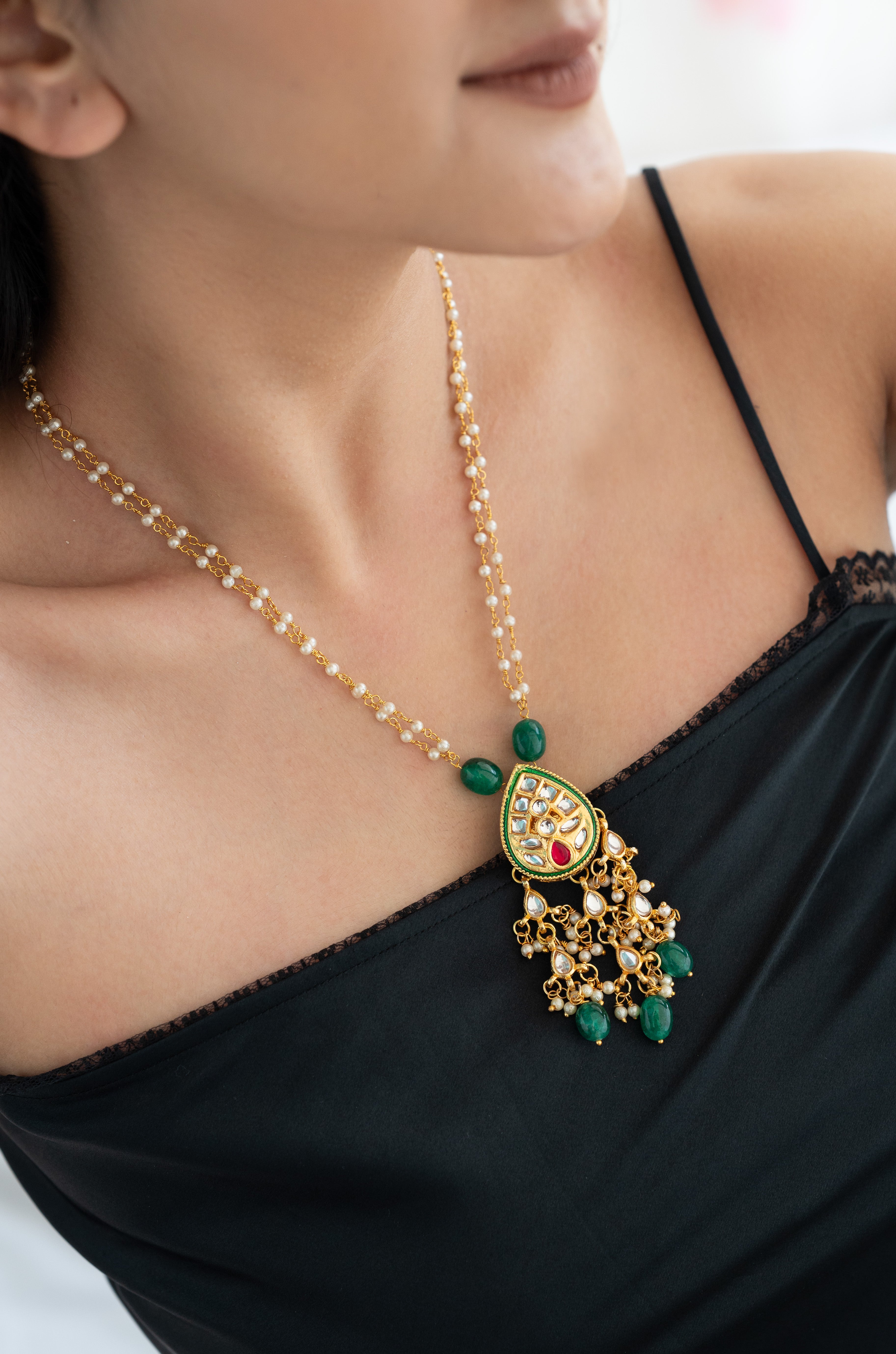 Designer Pearl Beaded Kundan Pendant Set