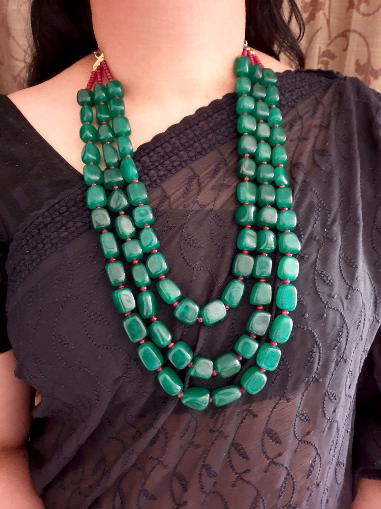 Emerald Green Color Bead Three Layered Necklace