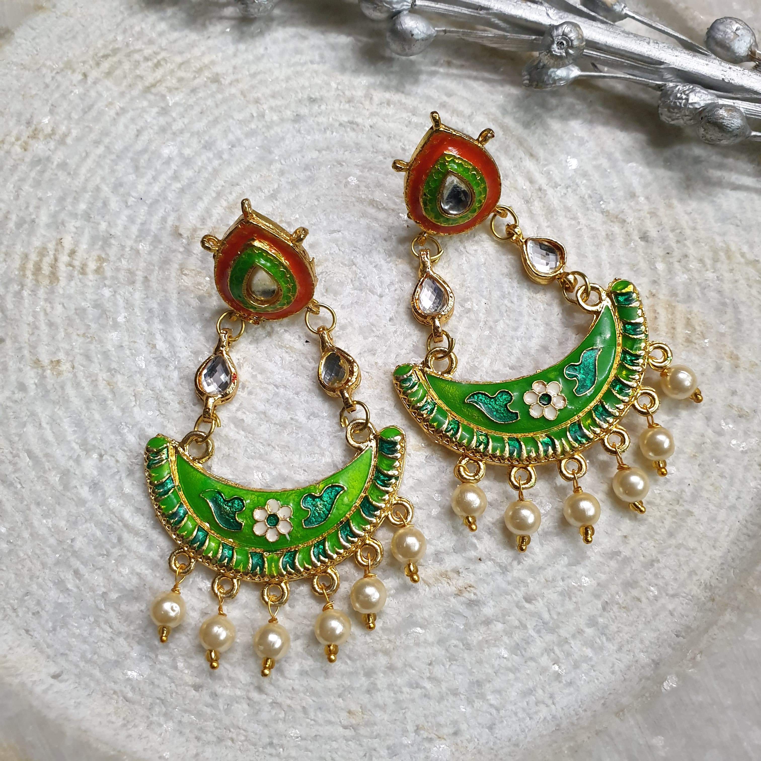 Light Weight Orange Green Meenakari Earrings