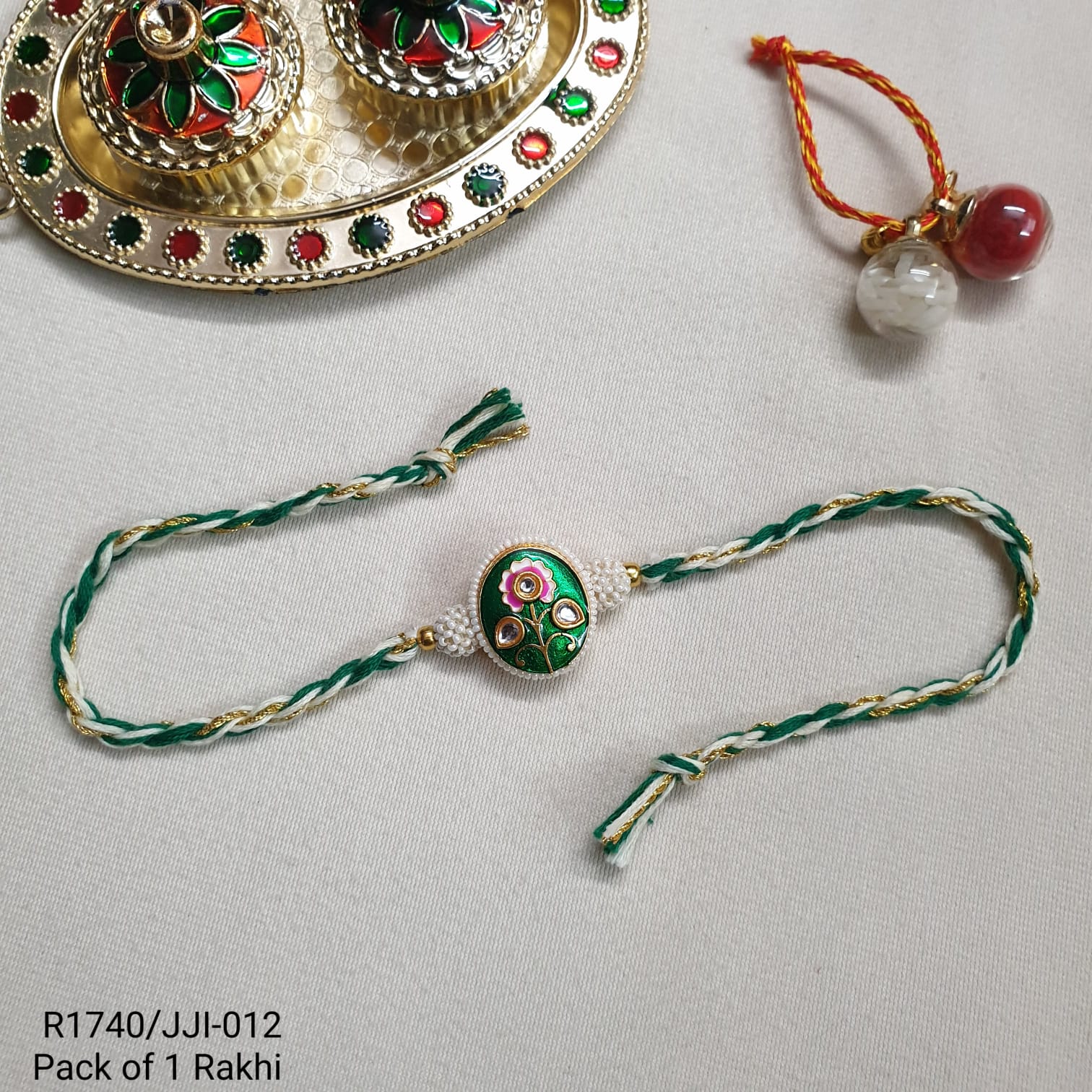 Green Meenakari Floral Seed Bead Rakhi