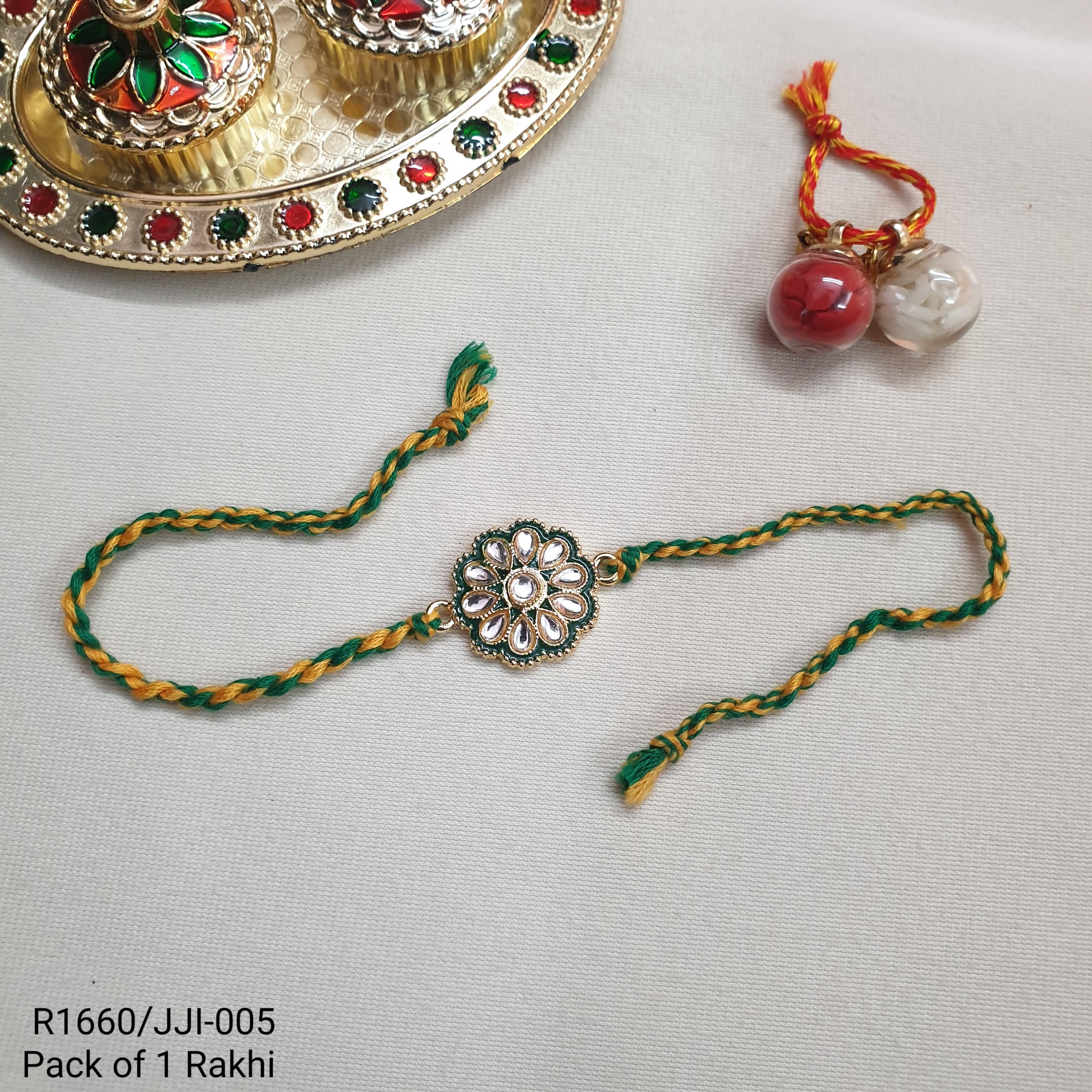 Green Kundan Meenakari Floral Rakhi