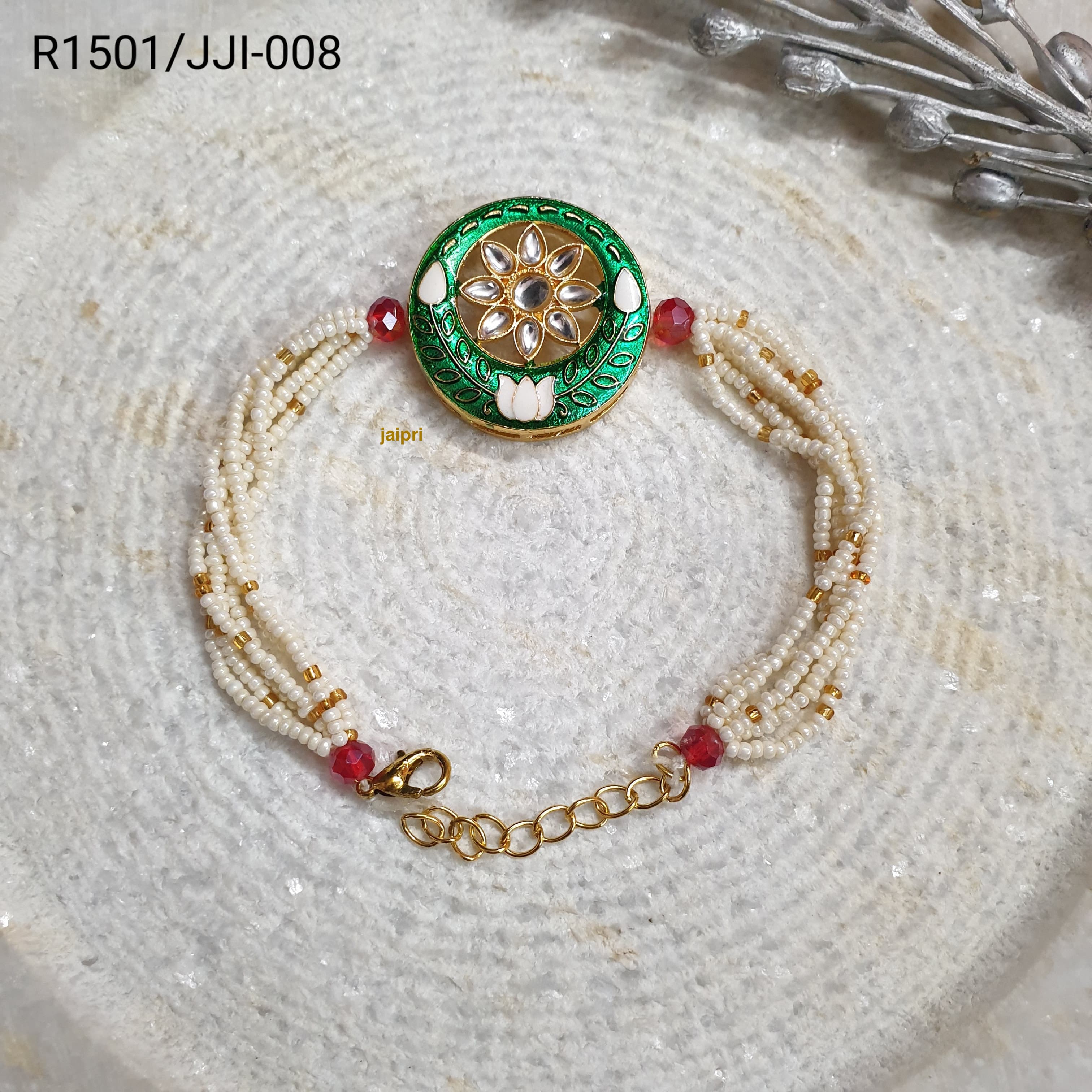 Green Meenakari Kundan Floral Rakhi For Brother