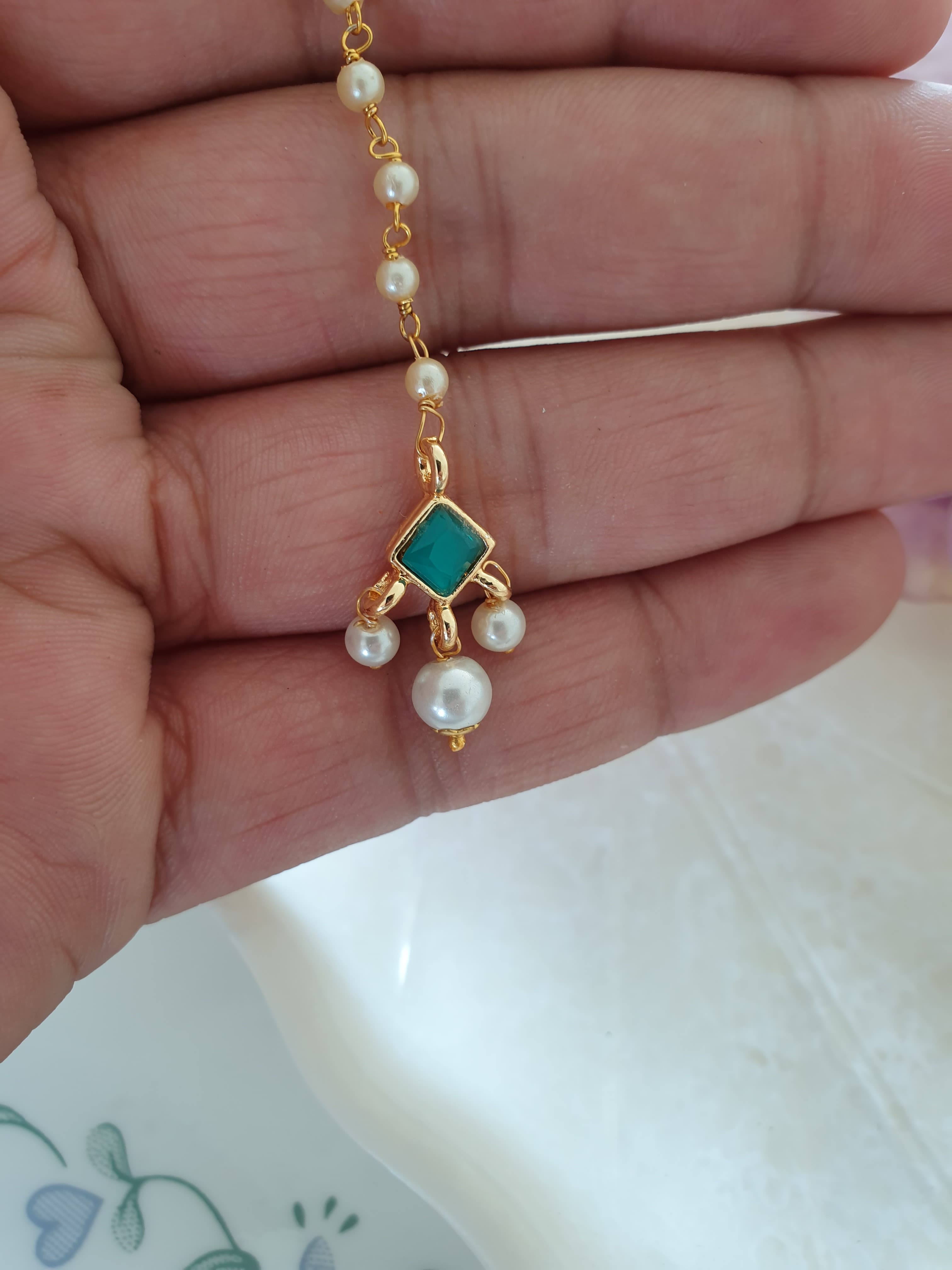 Green Square Stone Meenakari Pearl Beaded Maang Tikka