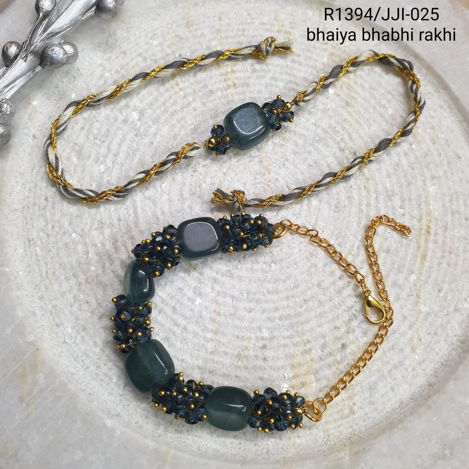 Grey Stone Rakhi For Bhaiya Bhabhi Combo