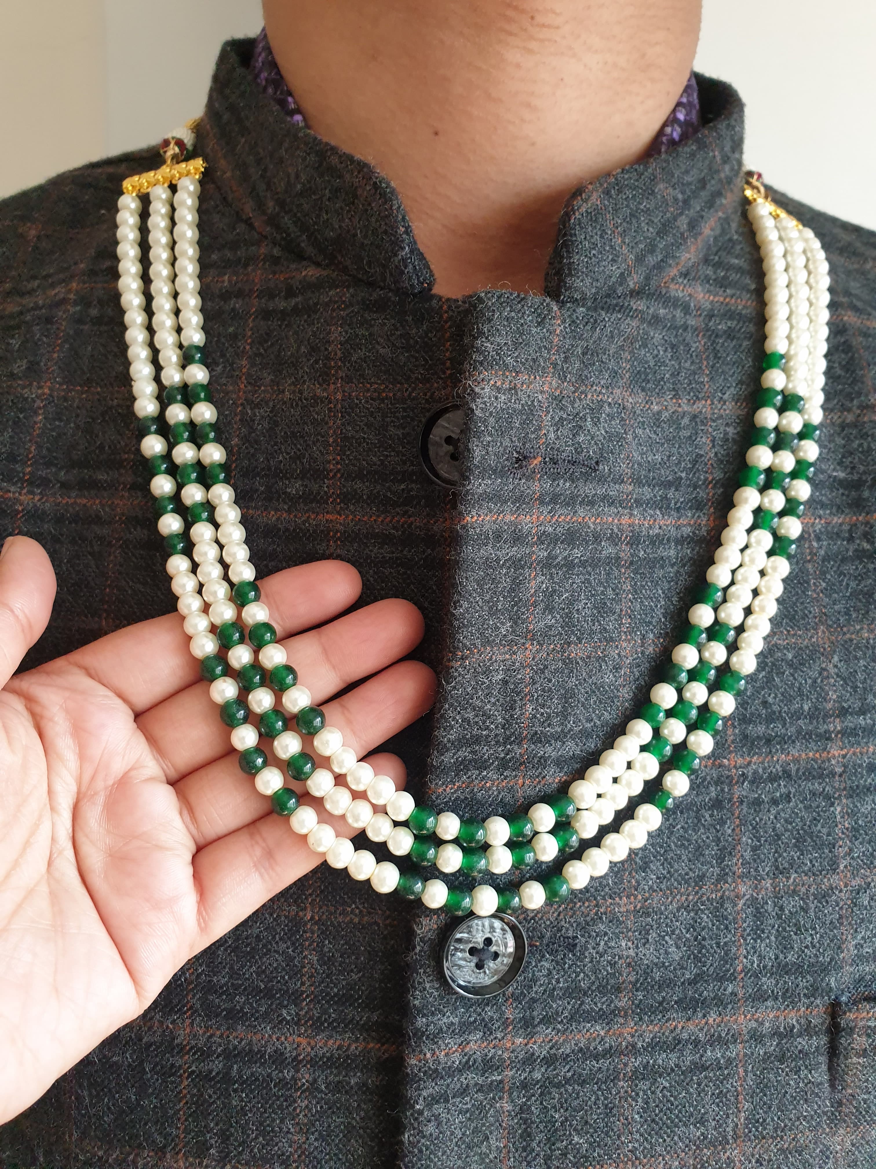 Pearl With Green Stone Groom Necklace For Indian Wedding