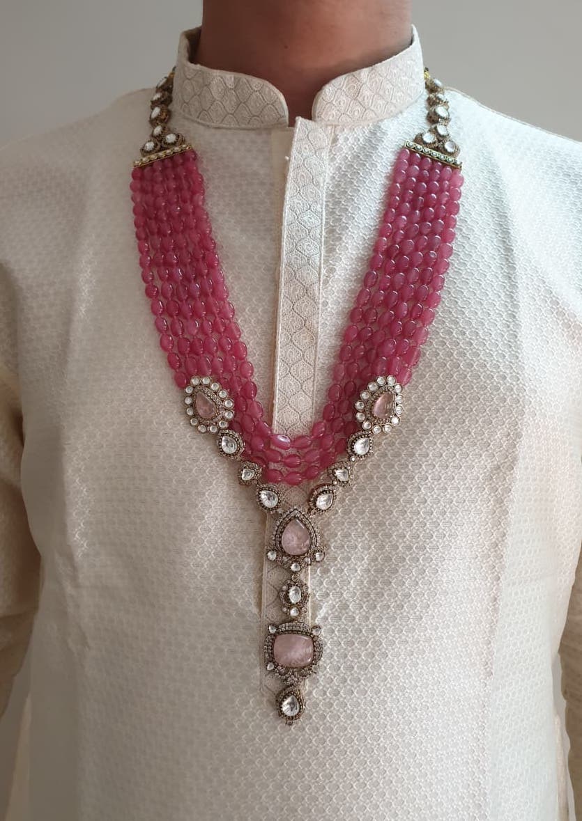 Rose Quartz Color Premium Kundan Stone Groom Necklace