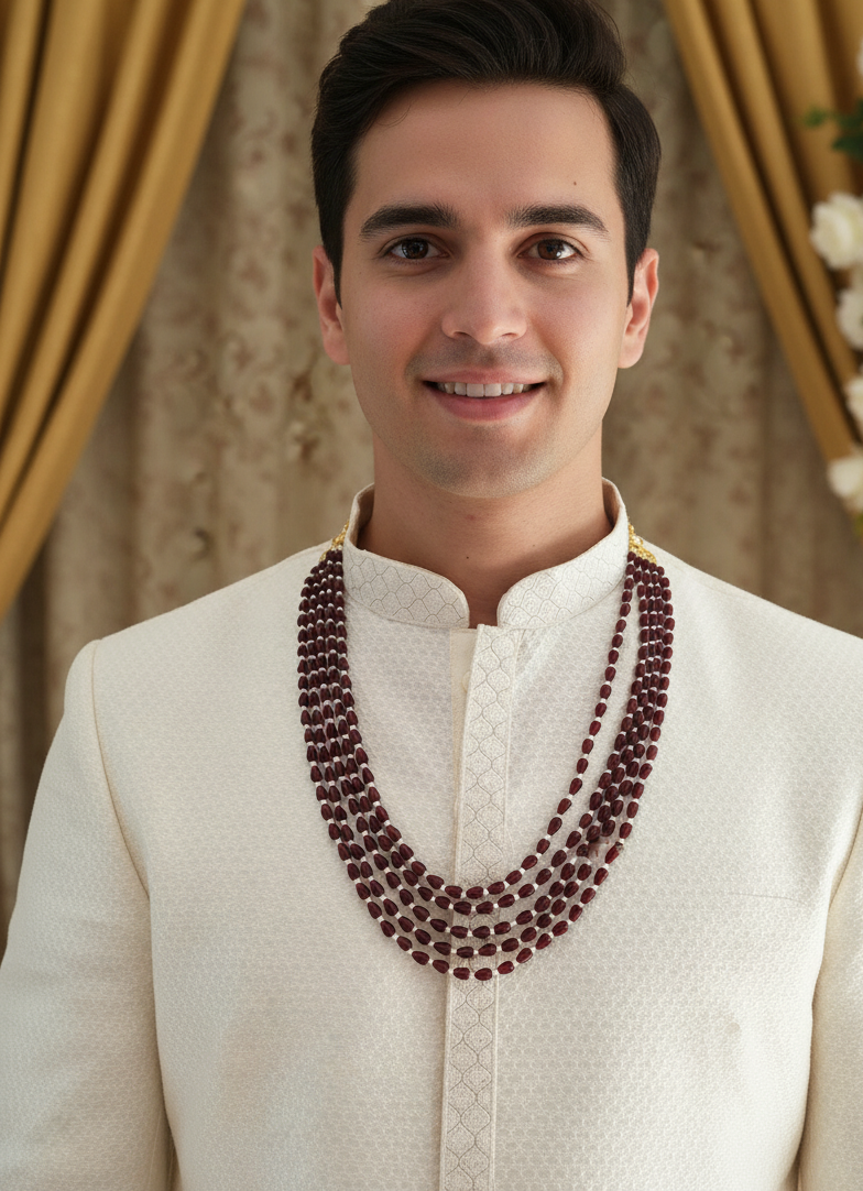 Maroon Drop Stone Five Layered Indian Groom Wedding Jewellery