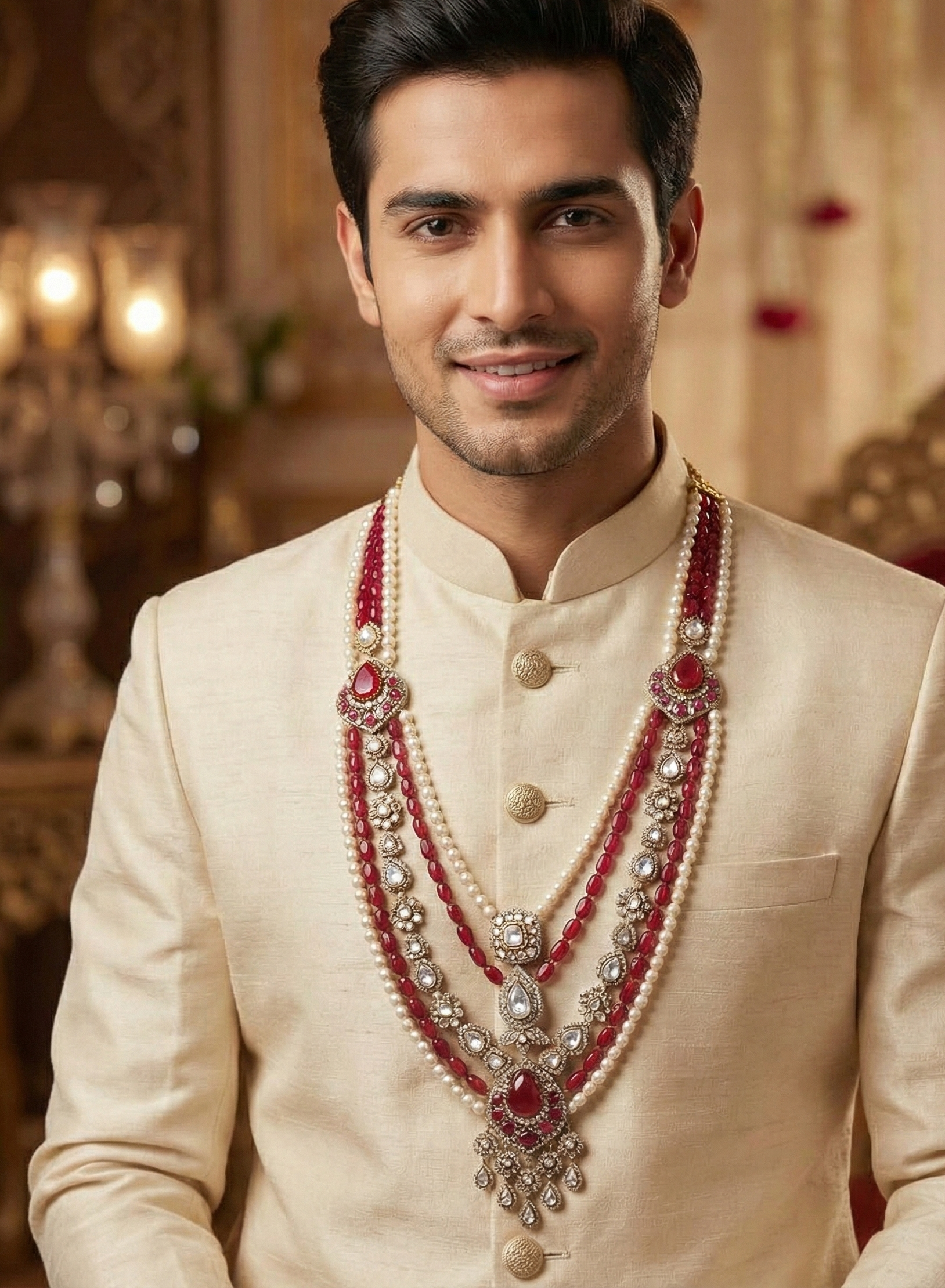 Ruby Red Color Premium Kundan Stone Groom Necklace