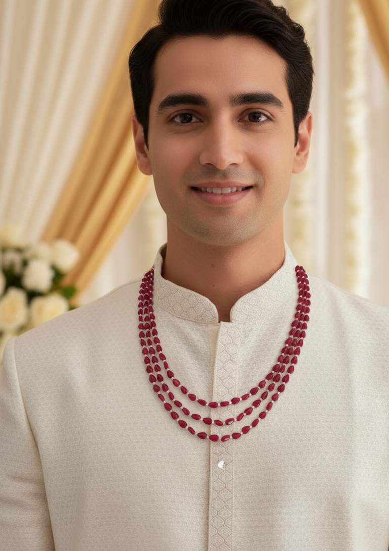 Ruby Drop Beads Three Layered Groom Wedding Necklace