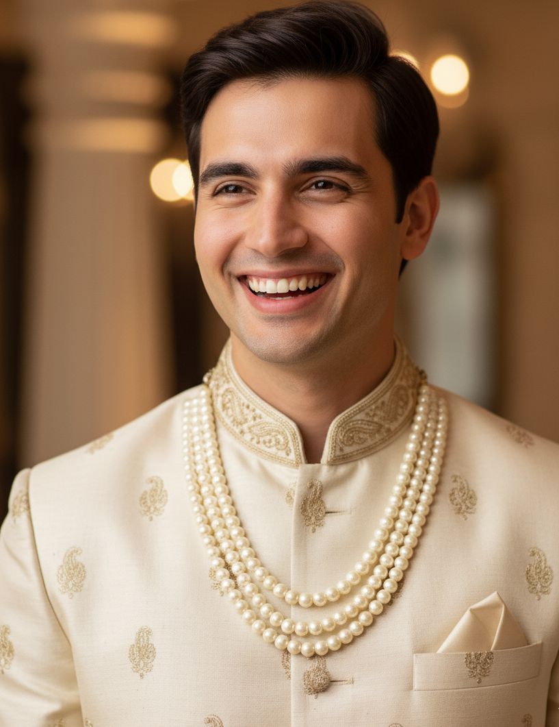 Three Layered Pearl Groom Necklace Set