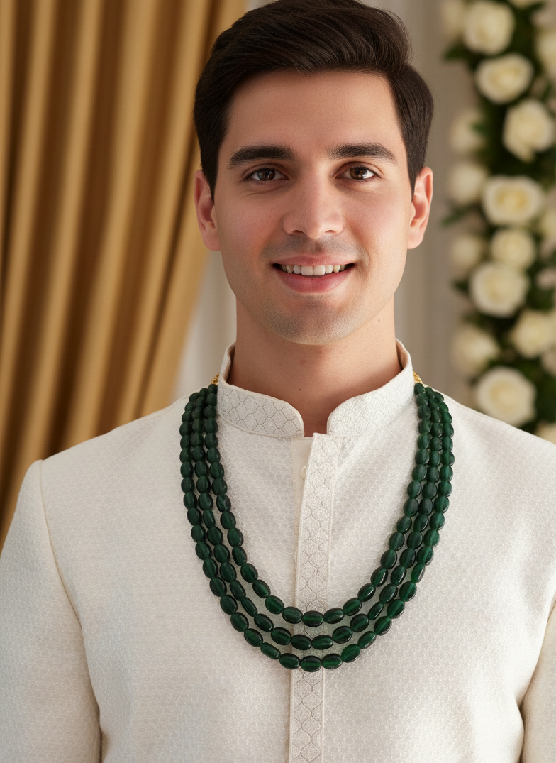 Emerald Green Stone Three Layered Indian Groom Necklace