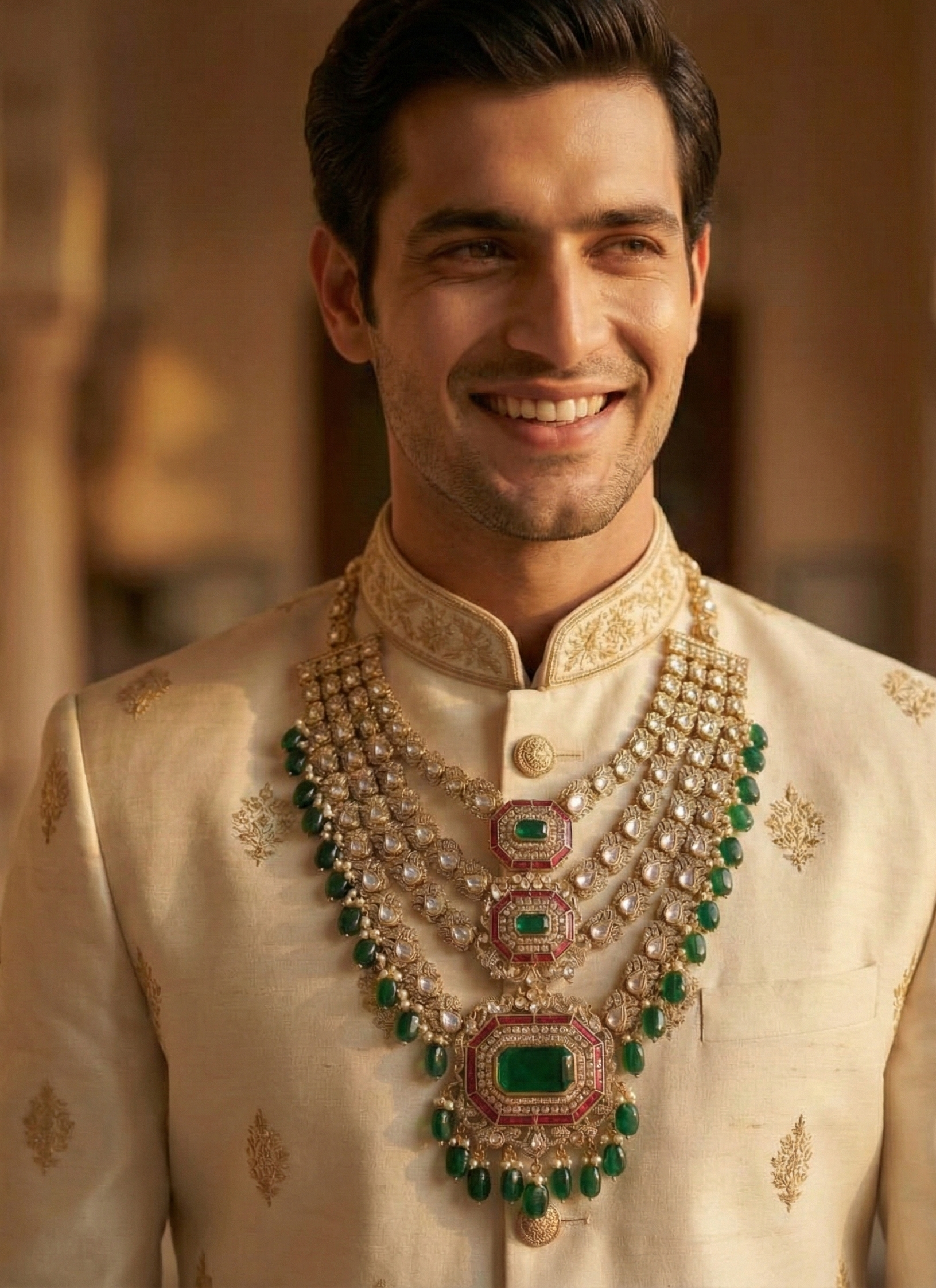Royal Emerald Green Color and Polki Maharaja Groom Necklace
