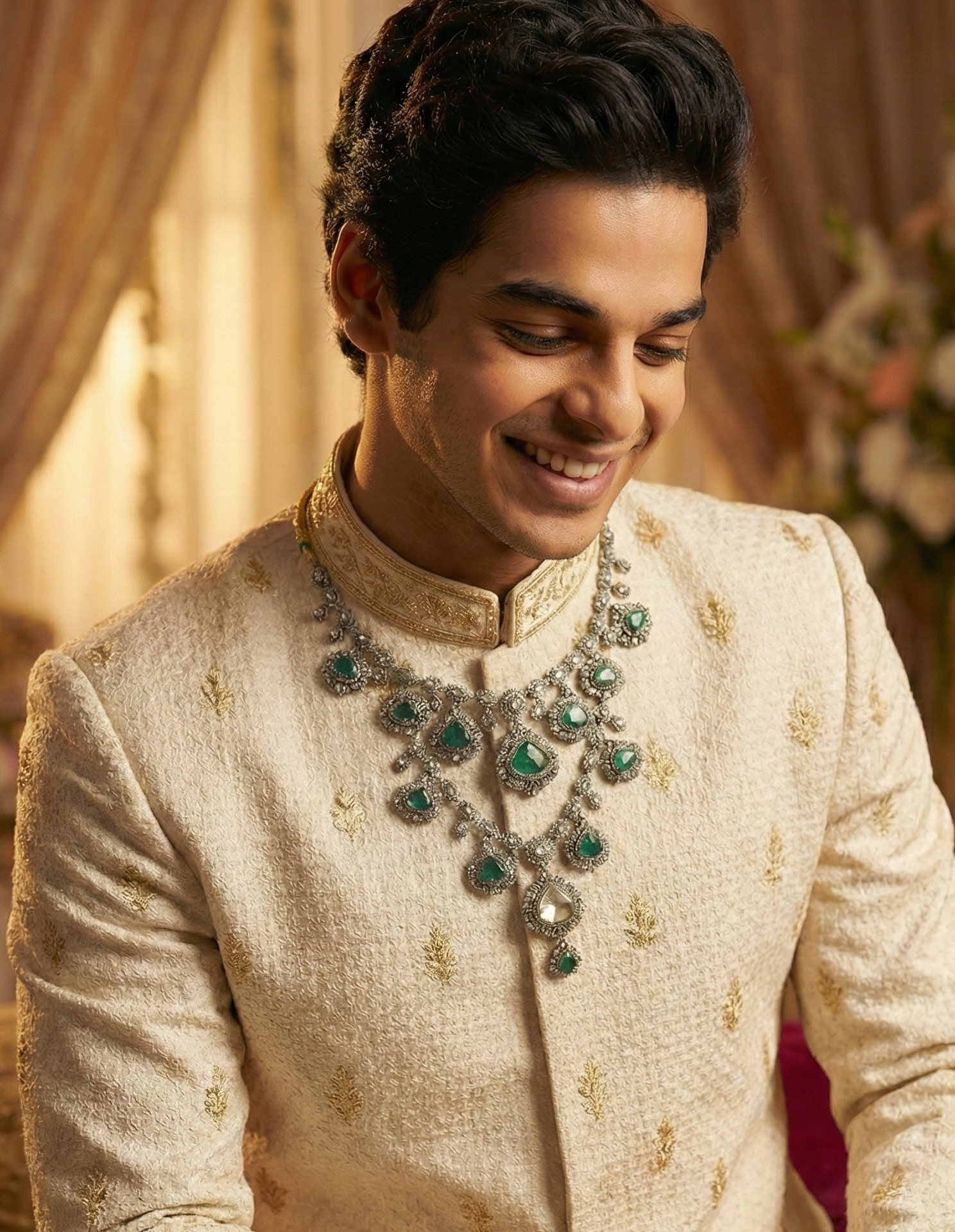 Royal Emerald Green Stone Groom Necklace Inspired by Ishan Khattar