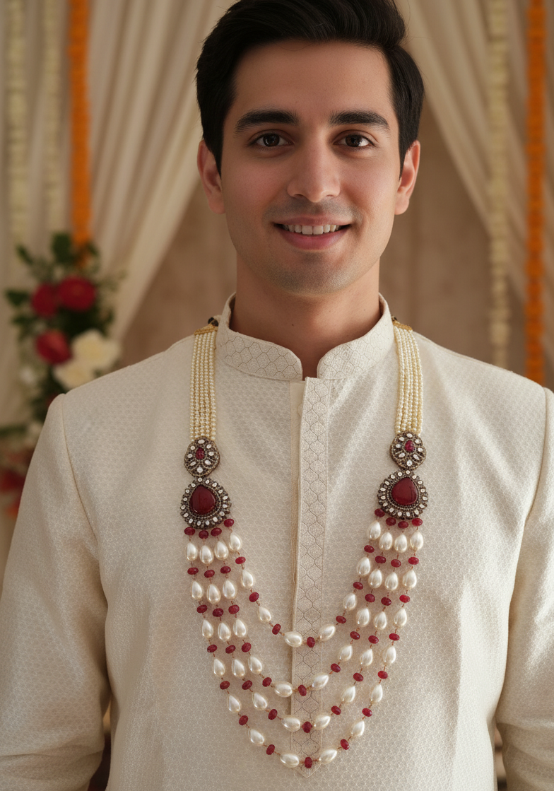 Pearl Beaded Groom Necklace With Ruby Stone Brooch