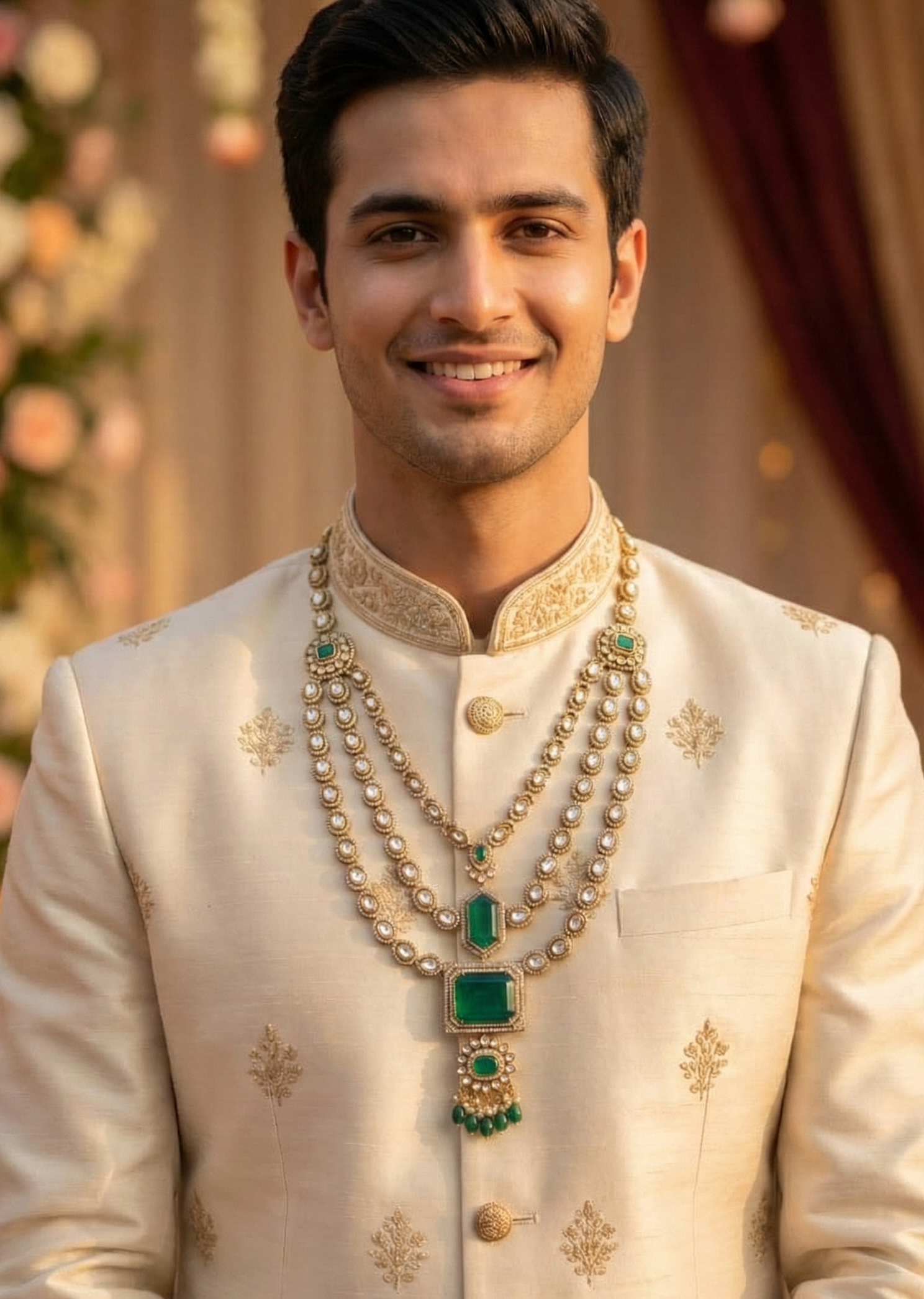 Bollywood Inspired Green Premium Kundan Polki Groom Necklace