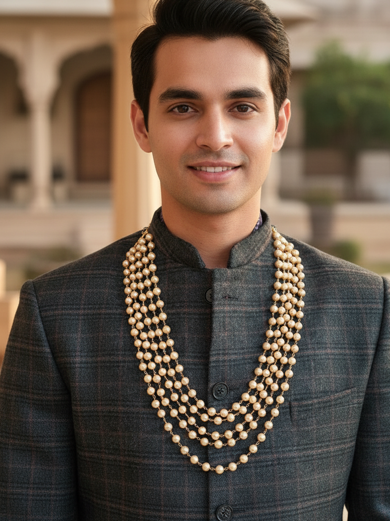 Five Layered Golden Pearl Beads Groom Necklace