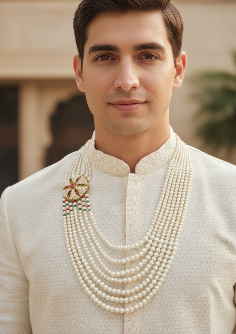 Pearl Groom Necklace With Floral Pearl Brooch