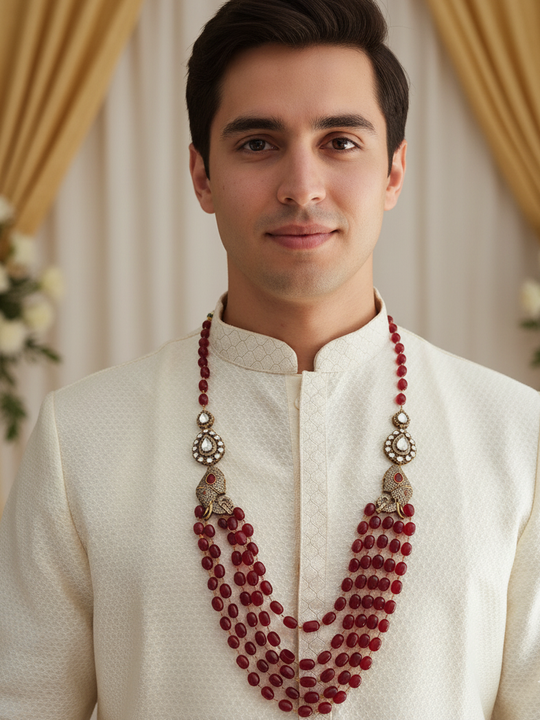 Ruby Stone Groom Jewellery Set With AD Kundan Elephant Brooch