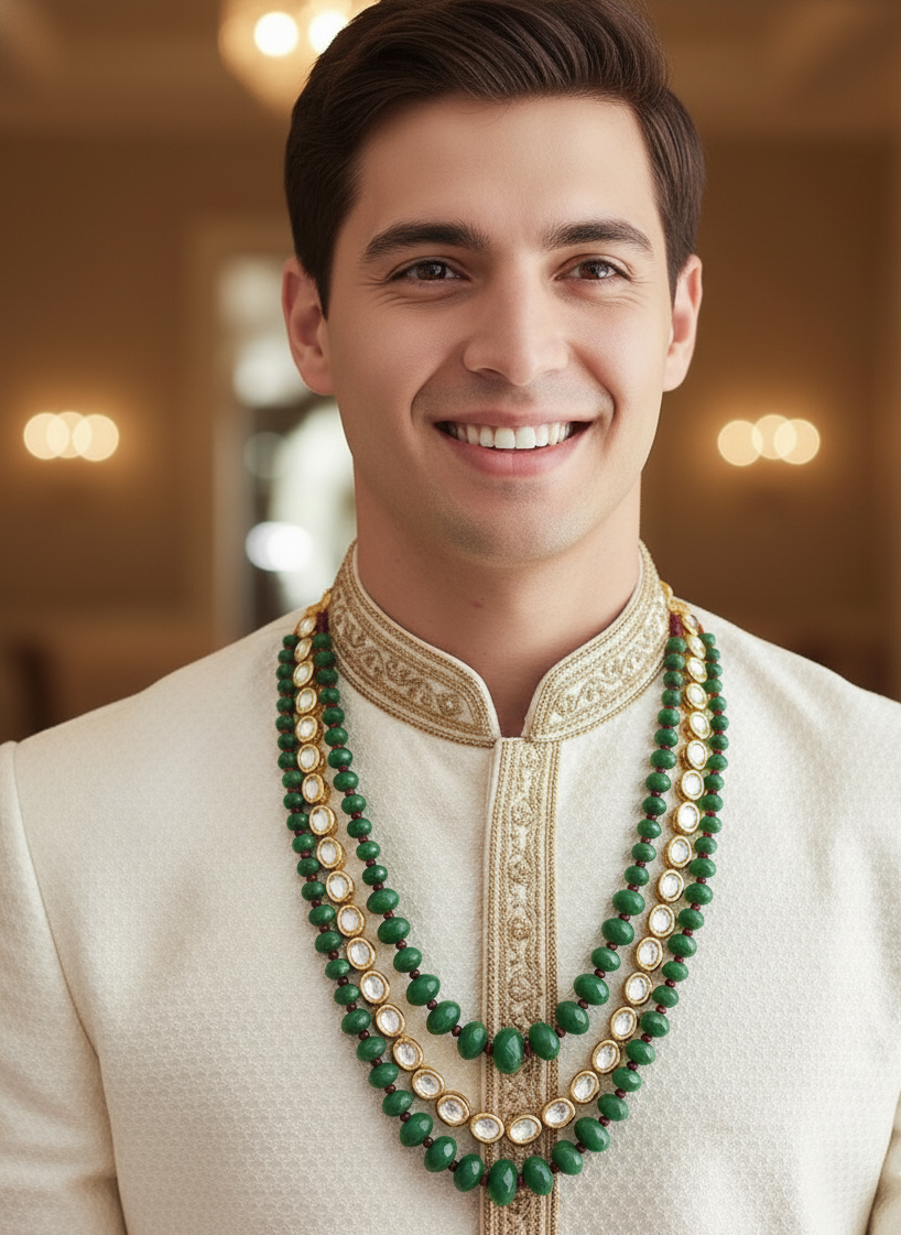 Green Stone With Kundan Indian Groom Jewellery For Wedding