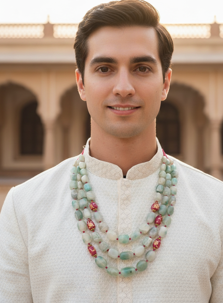 Emerald Green Stone and Pink Handpainted Beads Three Layered Groom Jewellery