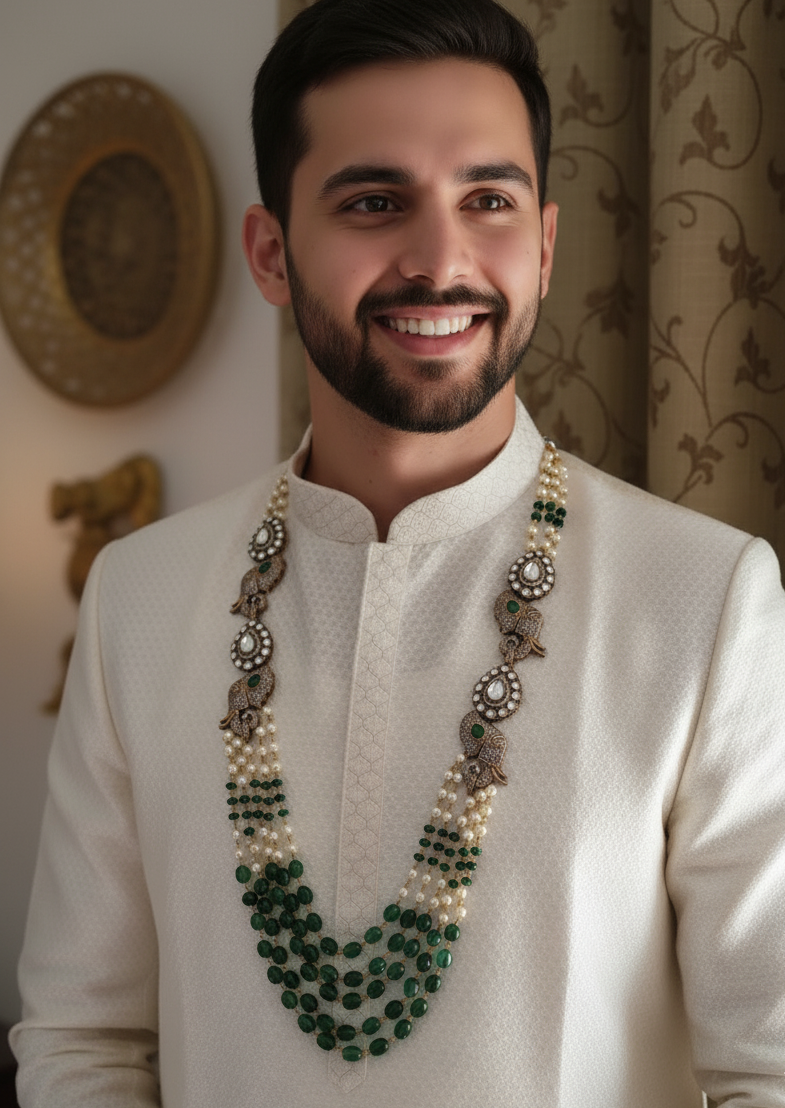 Emerald Stone Beaded Elephant AD Kundan Brooch Groom Necklace Set
