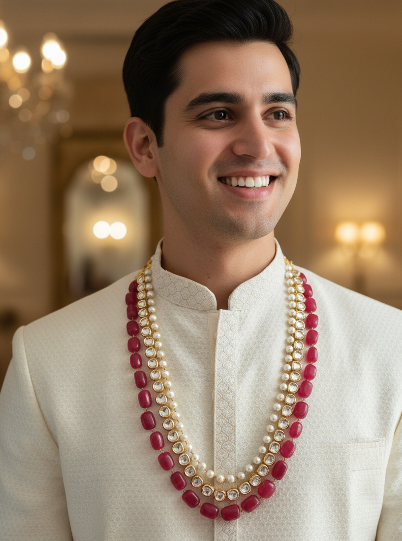 Ruby Beaded Kundan Pearl Groom Necklace Set
