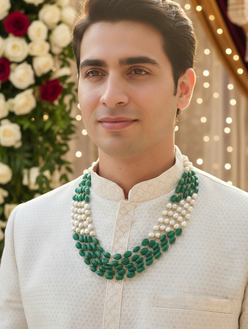 Pearl And Emerald Green Beads Five Layered Necklace Set for Groom