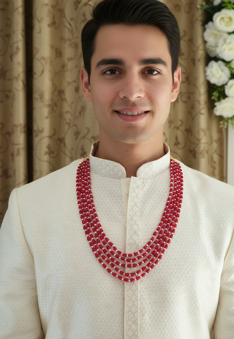 Red Drop Stone Five Layered Groom Necklace Set
